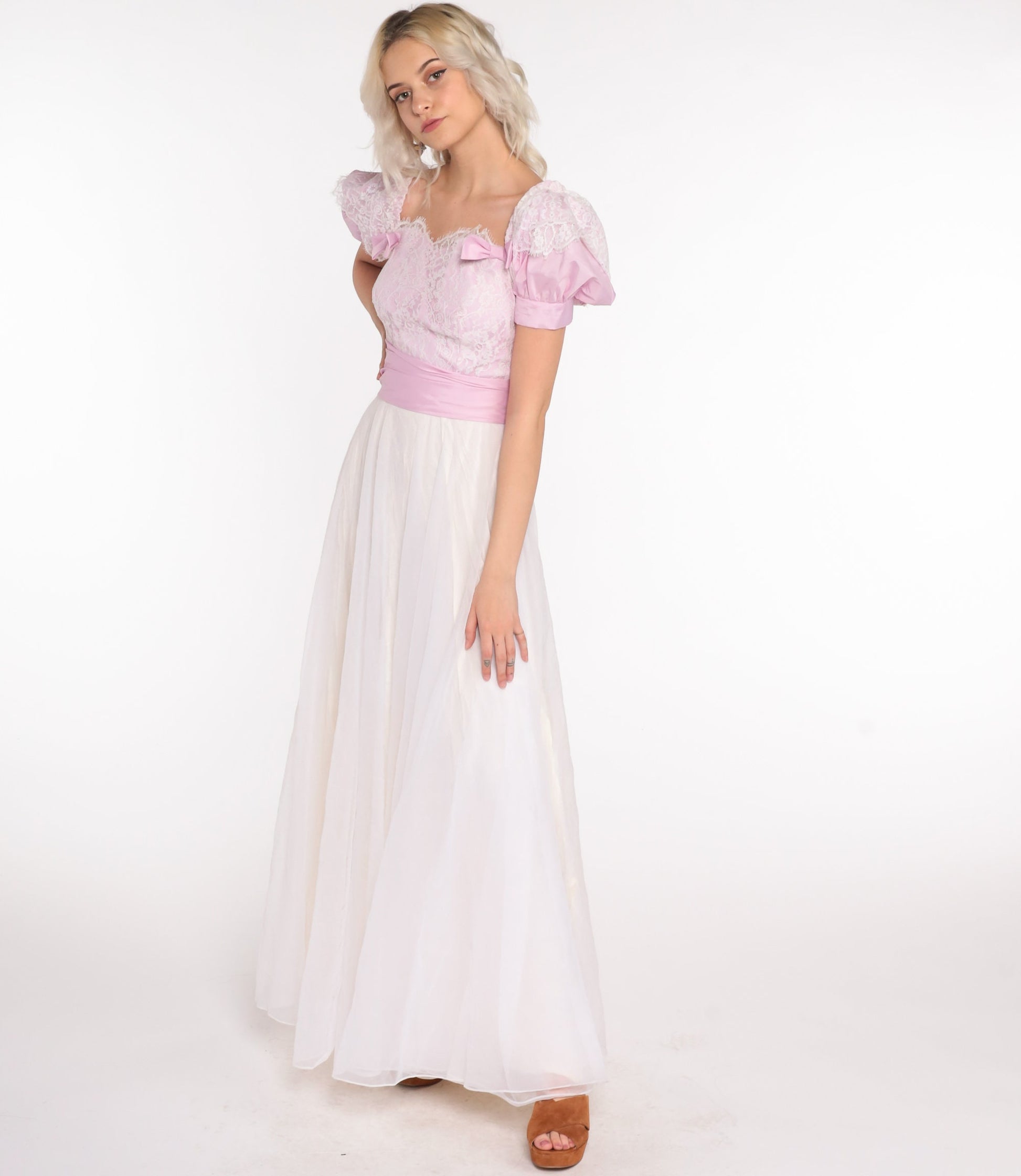 70s Puff Sleeve Maxi Dress Chiffon Lace White Lavender Off-Shoulder Extra Small