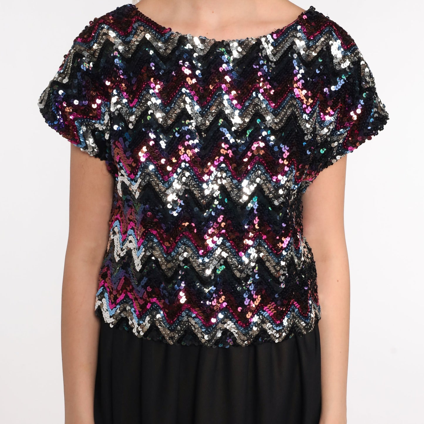 80s Black Sequin Midi Dress Short Sleeve High Waist Party Disco Small Medium
