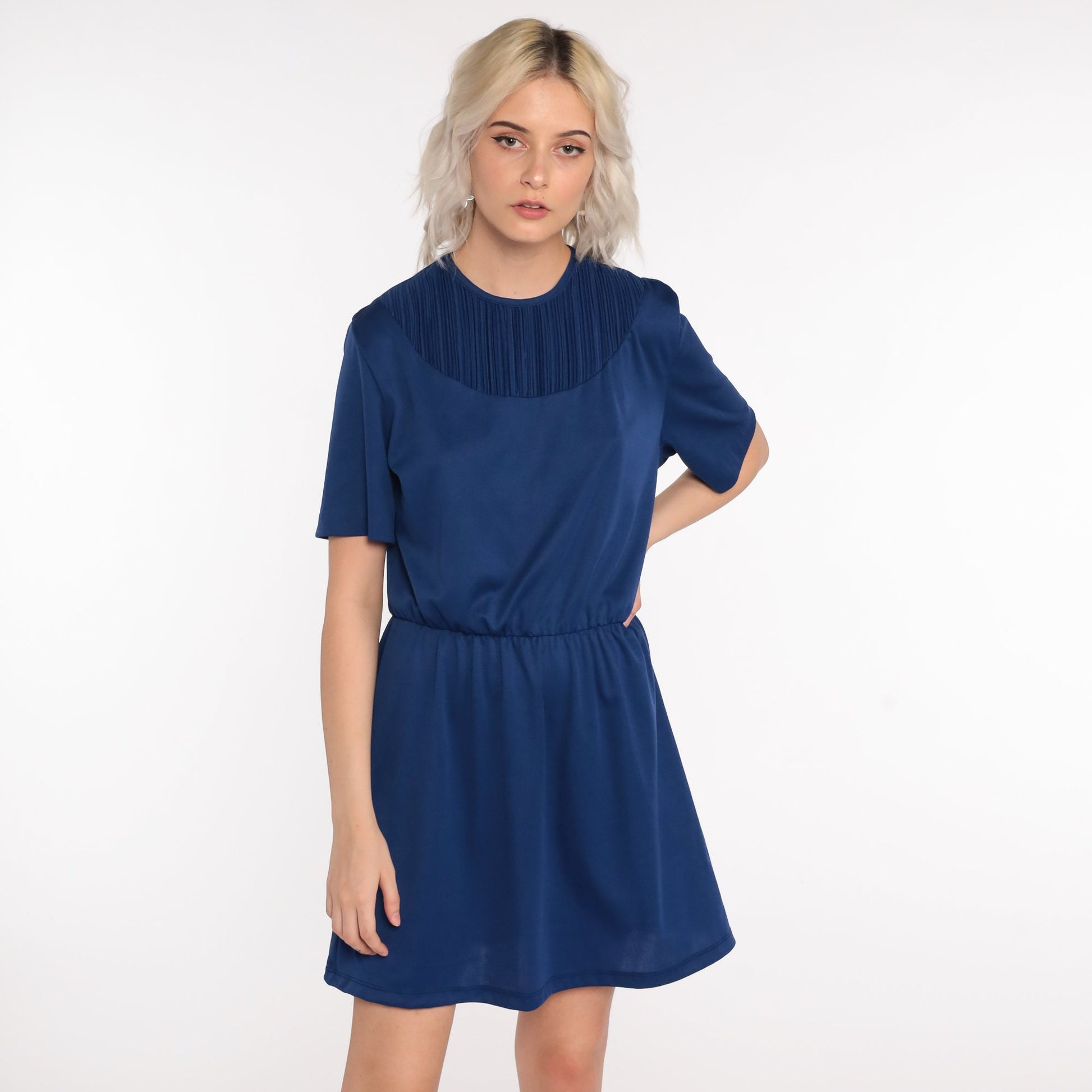 70s Dark Blue Mini Dress High Waist Pleated Chest Short Sleeve Medium