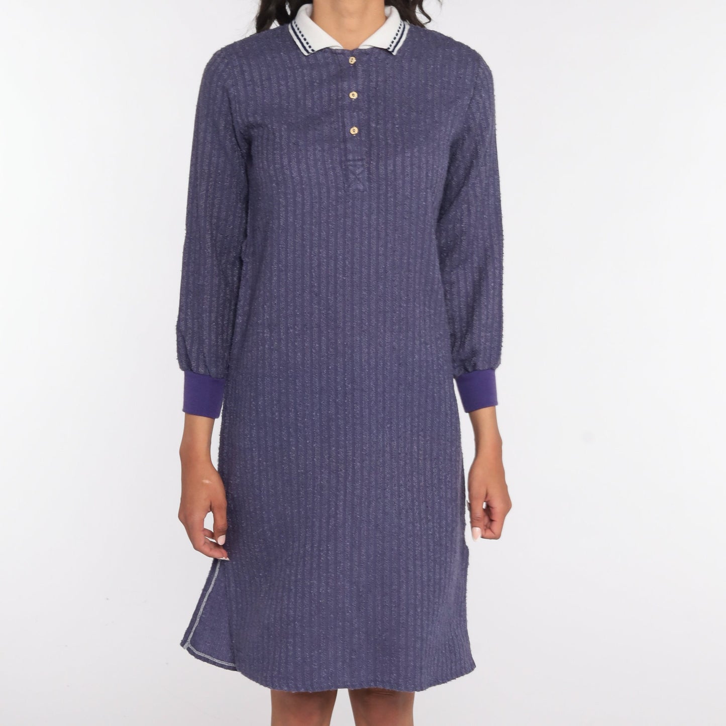 80s Purple Terry Cloth Polo Dress Knee-Length White Collar Small