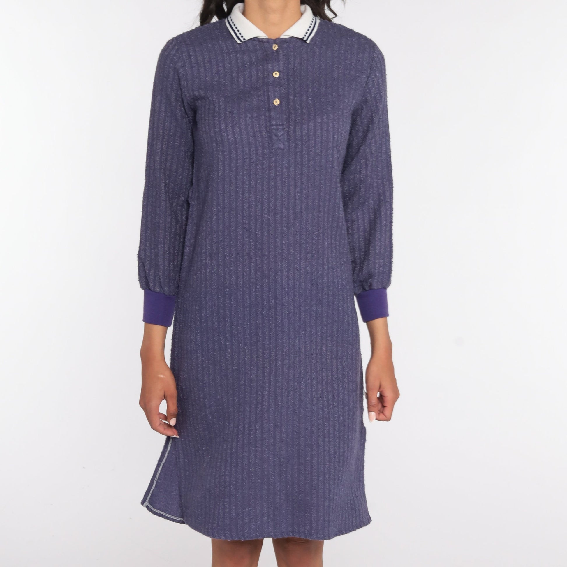 80s Purple Terry Cloth Polo Dress Knee-Length White Collar Small