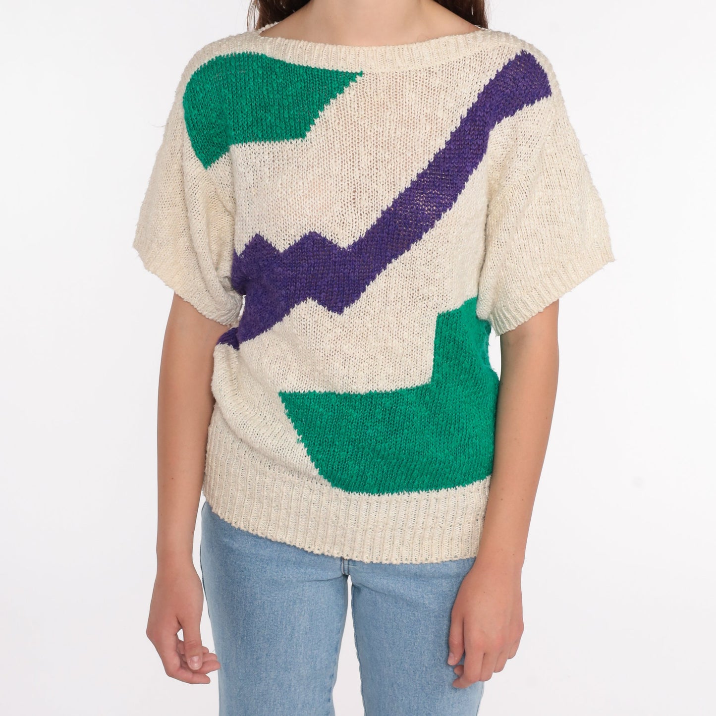 80s Liz Claiborne Geometric Colour Block Knit Top Beige Green Medium
