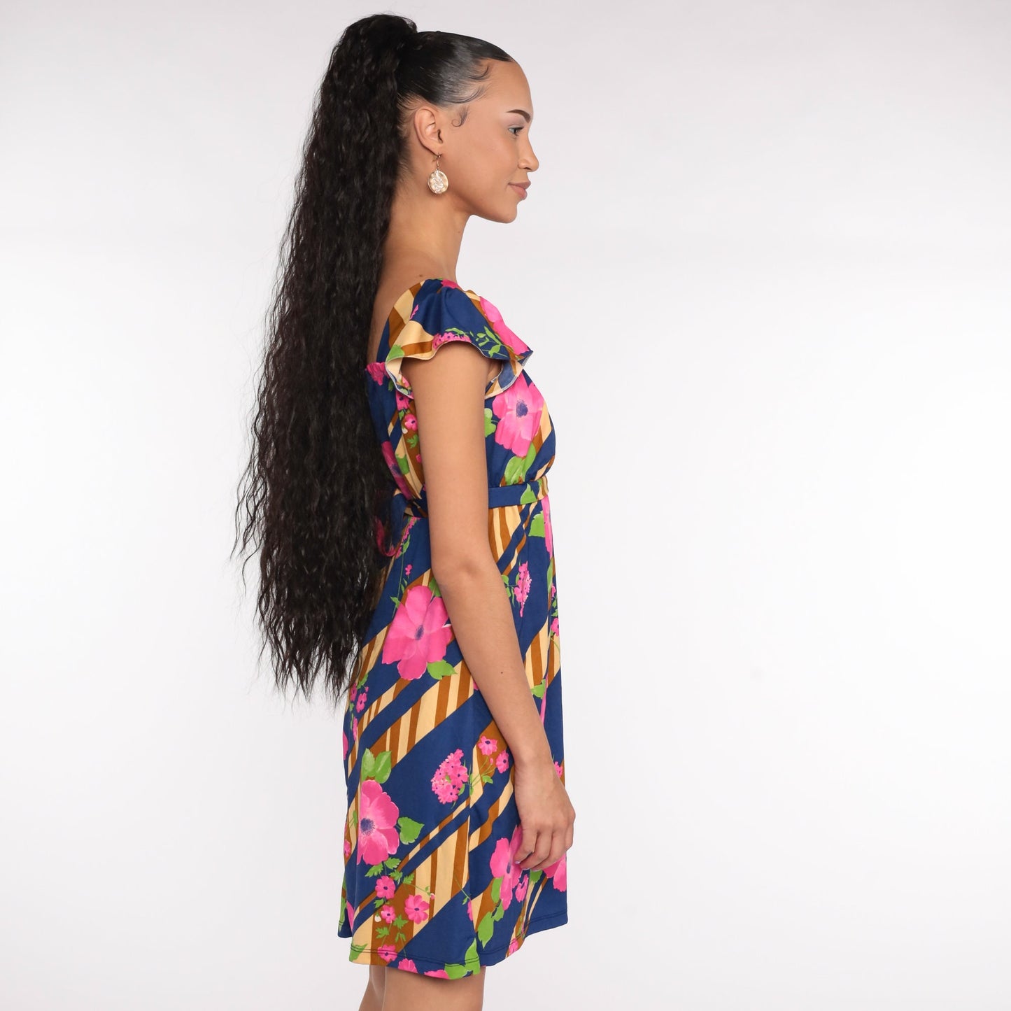 70s Floral Mini Dress Empire Waist Flutter Sleeve Blue Pink Small Medium
