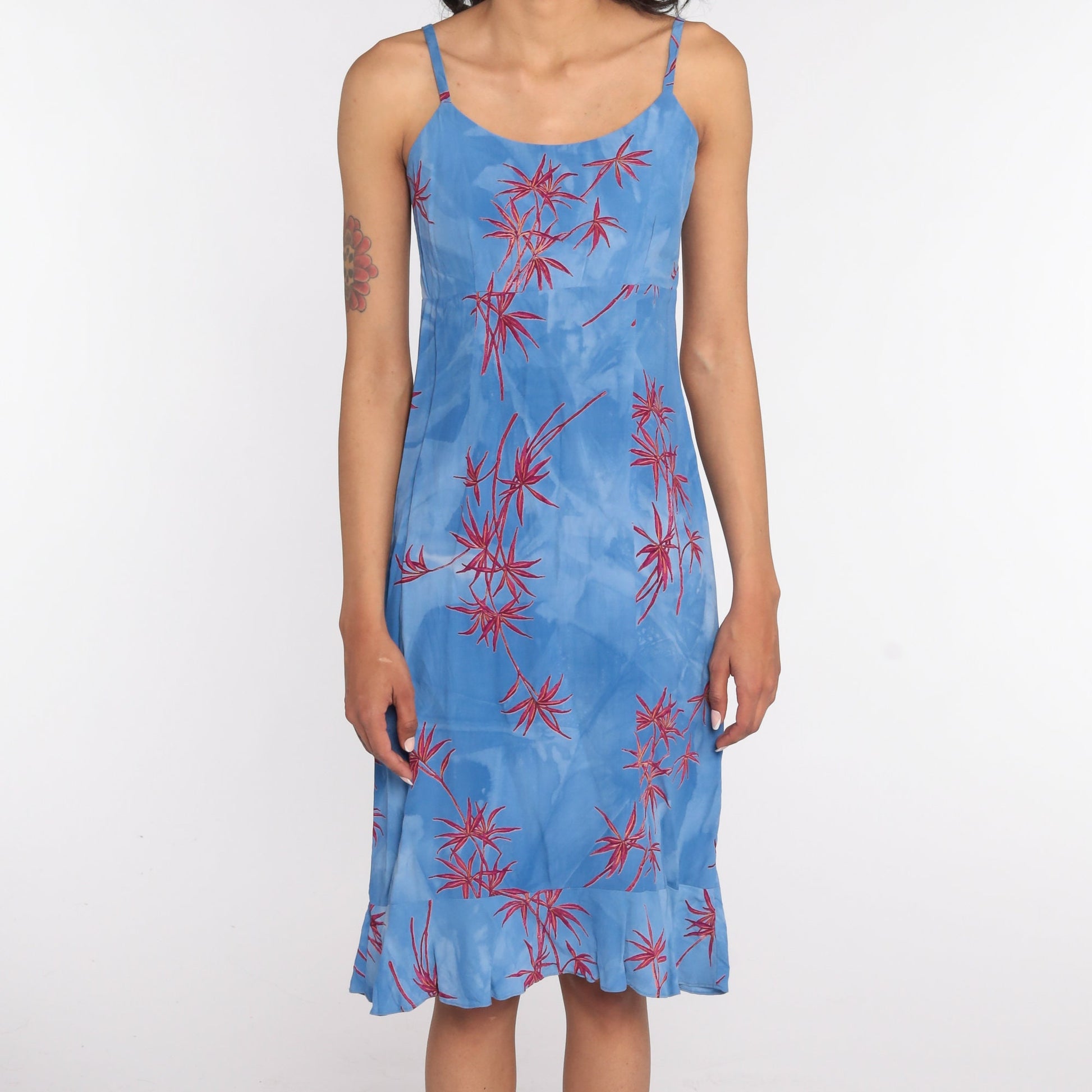 90s Tropical Floral Mini Sundress Blue Rayon Spaghetti Strap Extra Small