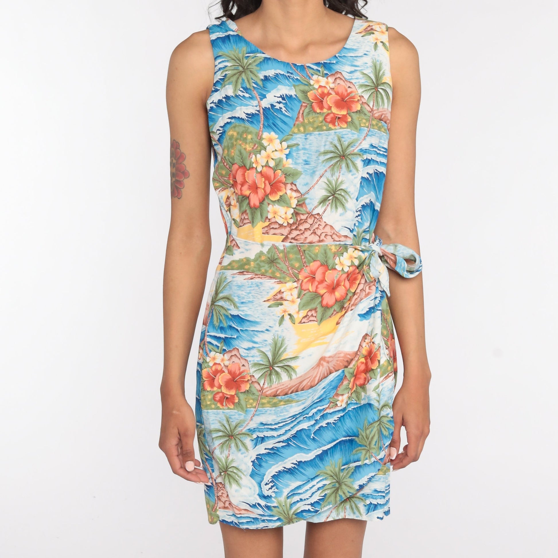 90s Hawaiian Wrap Dress Mini Tropical Bird of Paradise Print Blue Small