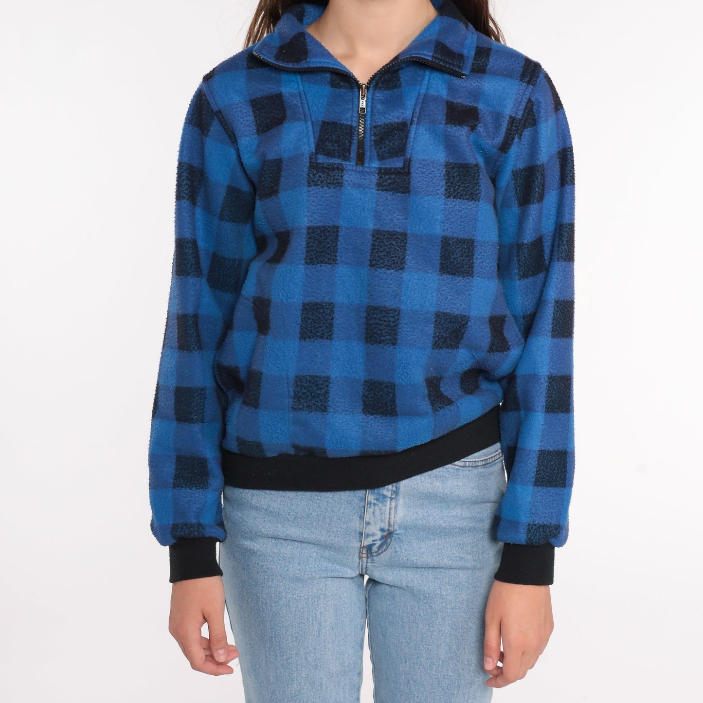 90s Buffalo Plaid Fleece Quarter Zip Jacket Blue Black Small