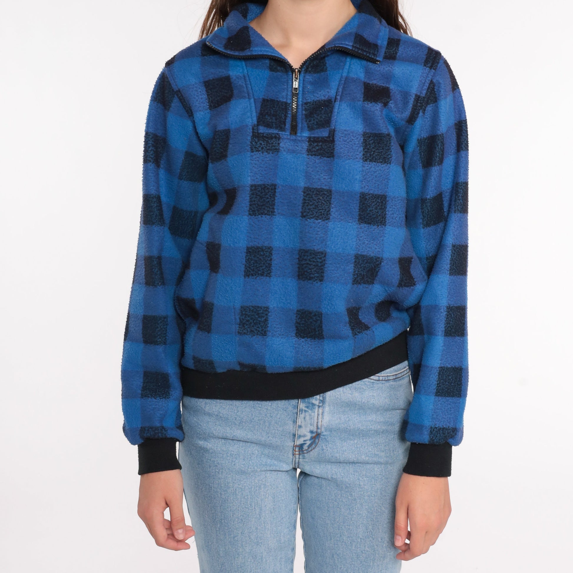 90s Buffalo Plaid Fleece Quarter Zip Jacket Blue Black Small