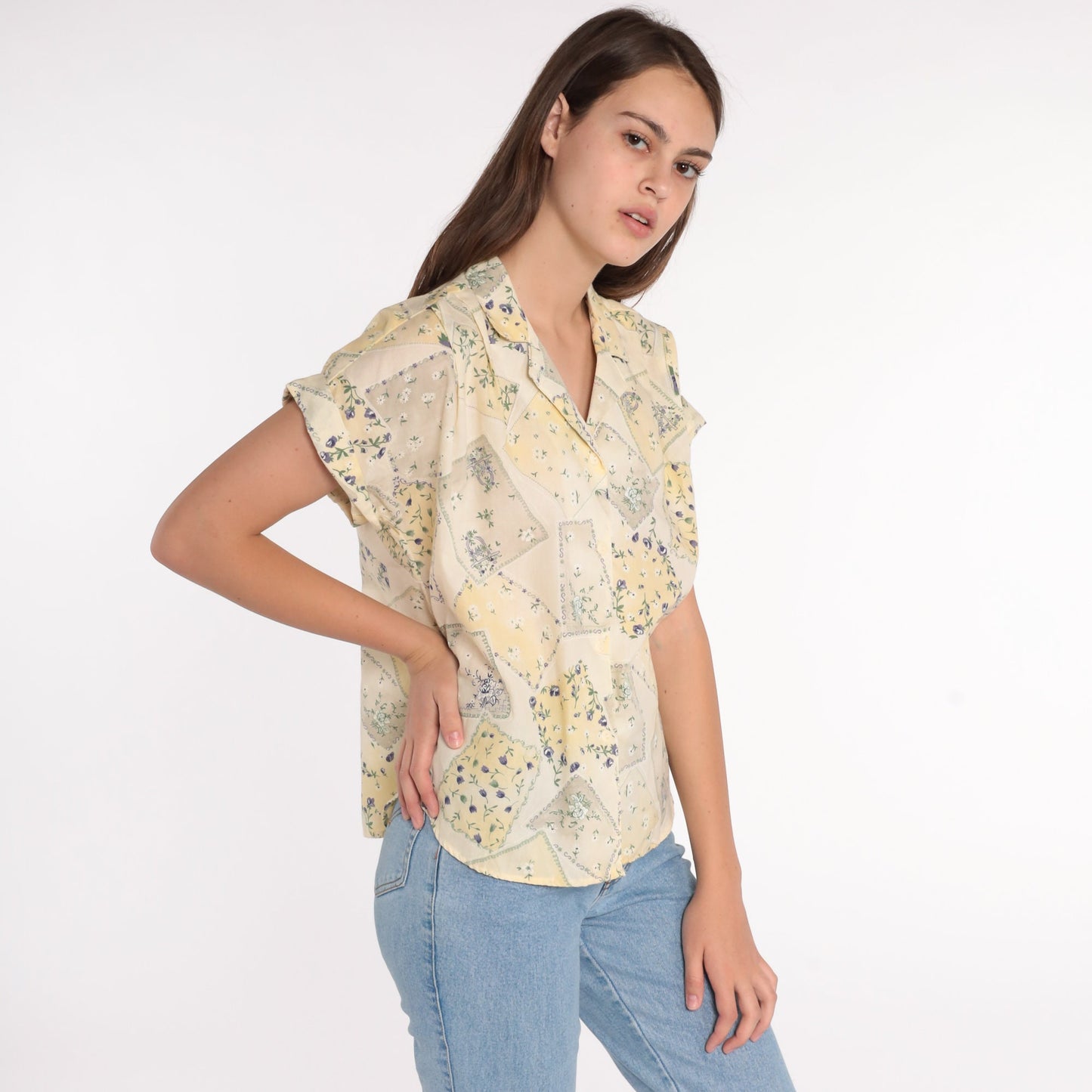 80s Tap & Co Floral Button-Up Blouse Yellow Cap Sleeve Medium