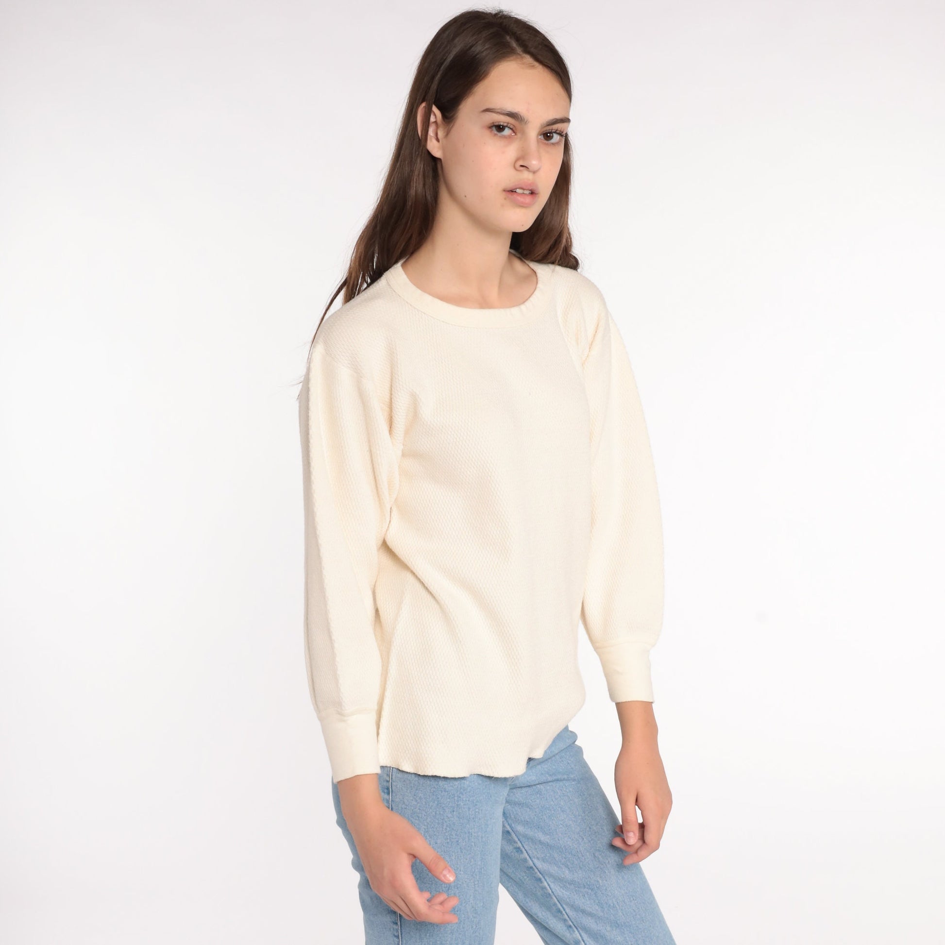 70s Cream Thermal Waffle Knit Long Sleeve Shirt Medium