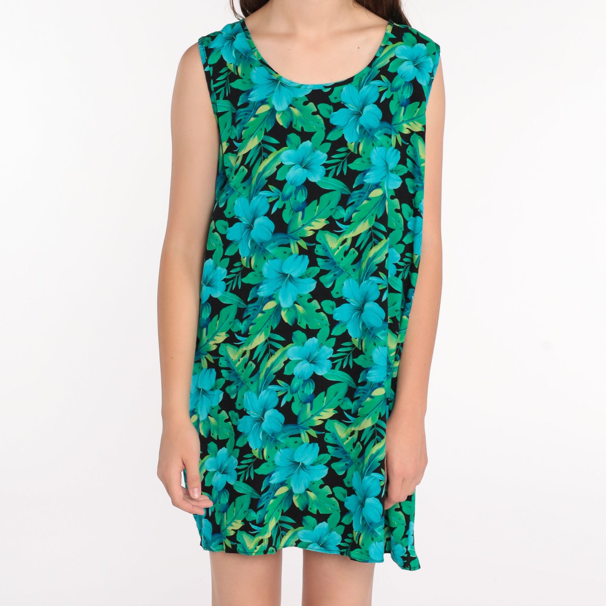 90s Tropical Floral Mini Dress Shift Sleeveless Rayon Extra Large XXL