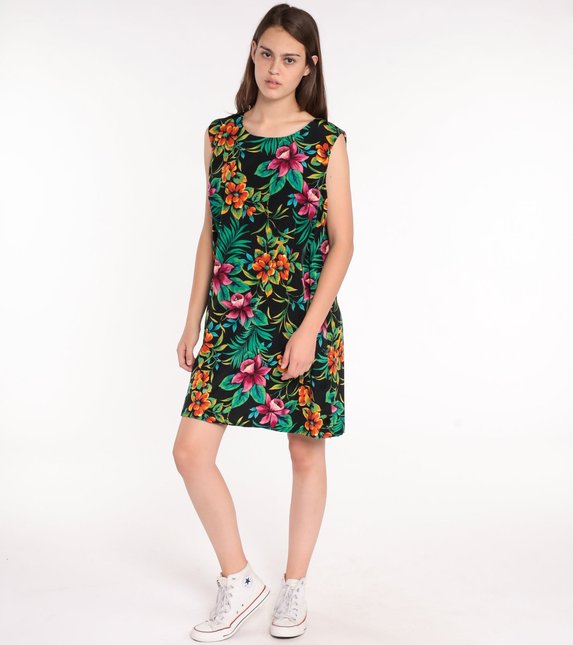 90s Floral Tropical Mini Dress Shift Sleeveless Hawaiian Print Plus Size XXL