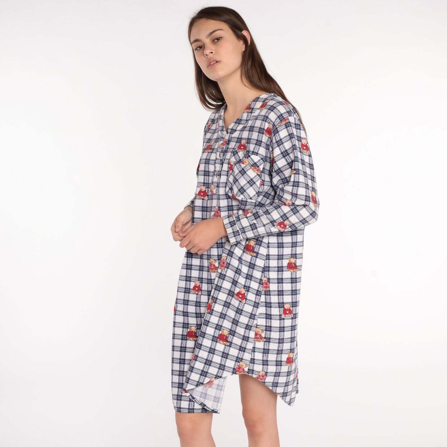80s Teddy Bear Flannel Nightgown Checkered Pajama Dress Cotton Medium