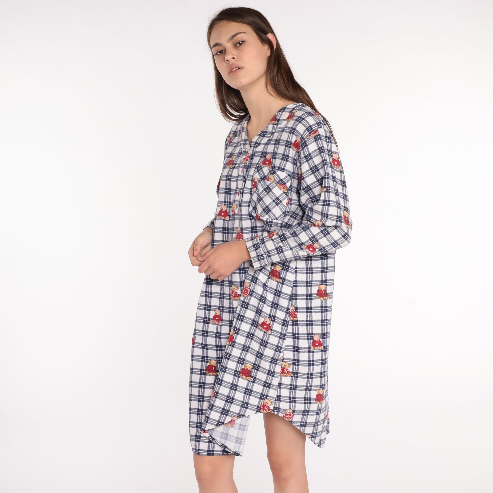 80s Teddy Bear Flannel Nightgown Checkered Pajama Dress Cotton Medium