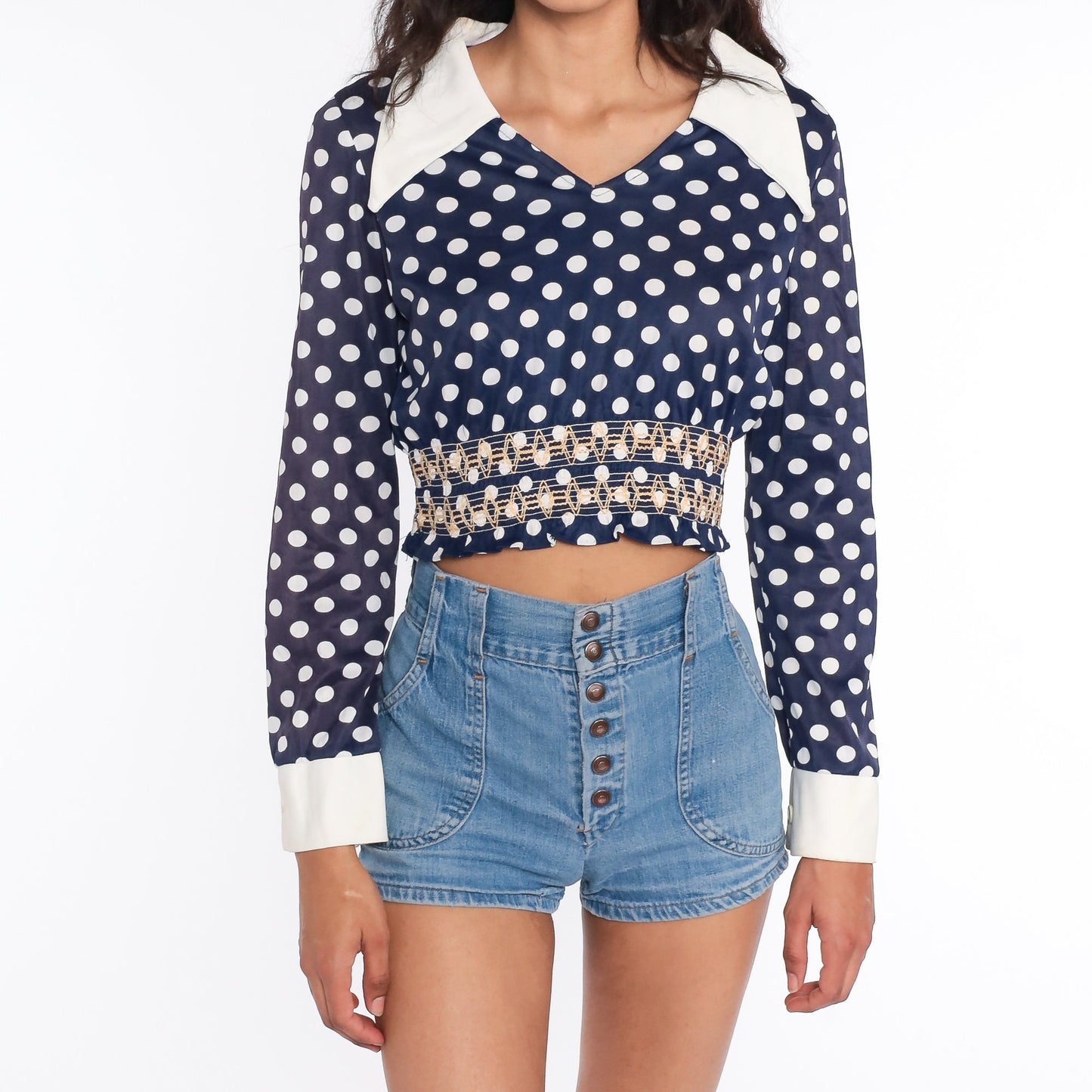 70s Blue Polka Dot Smocked Shirt Dagger Collar Long Sleeve Cropped Blouse Small