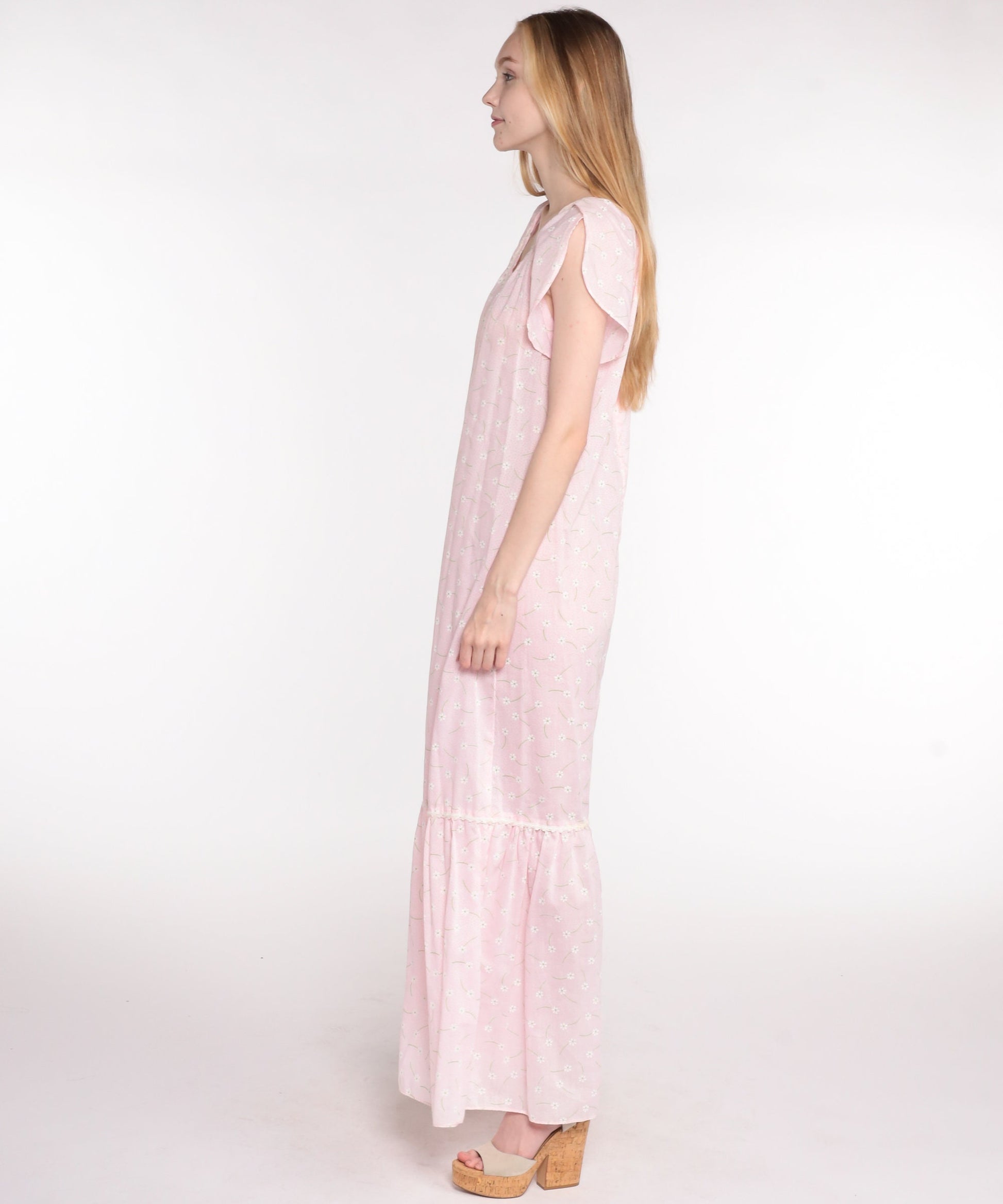 70s Pink Floral Maxi Dress Ditsy Print Semi-Sheer Cotton V-Neck Medium