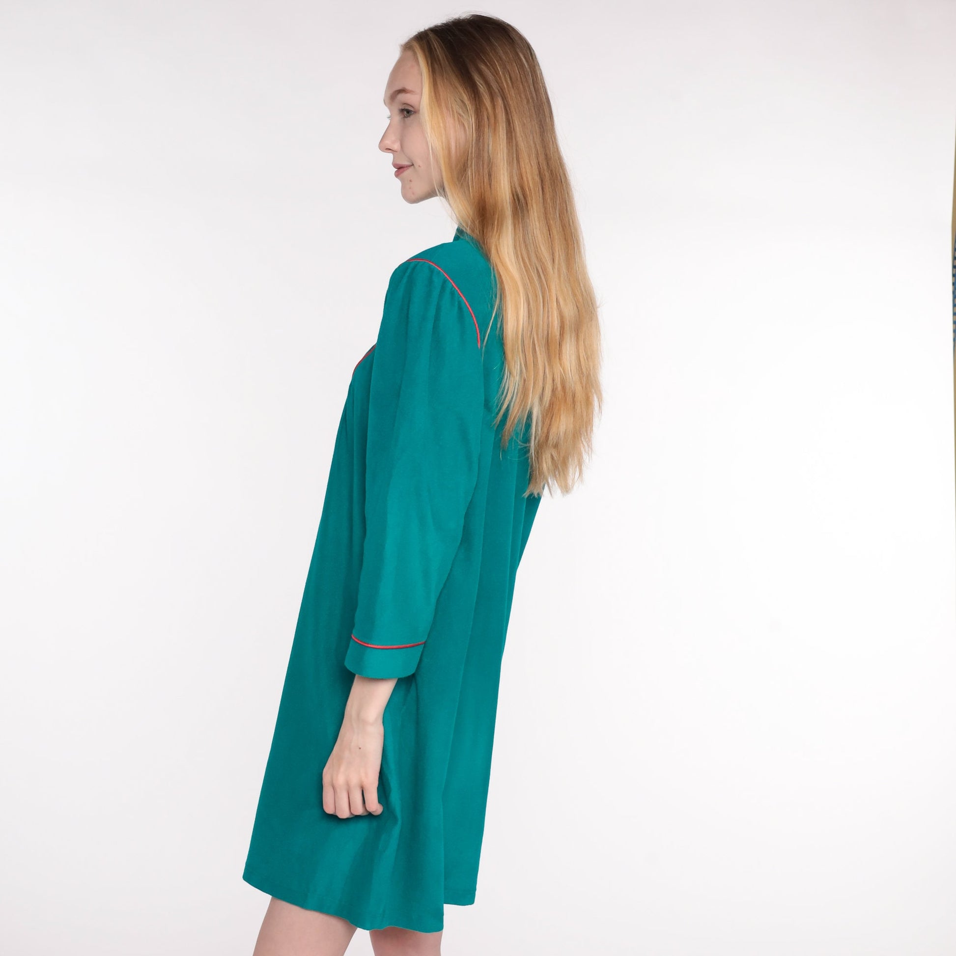 70s Velour Lounge Dress Teal Floral Embroidered Mini Front Zip Small Medium