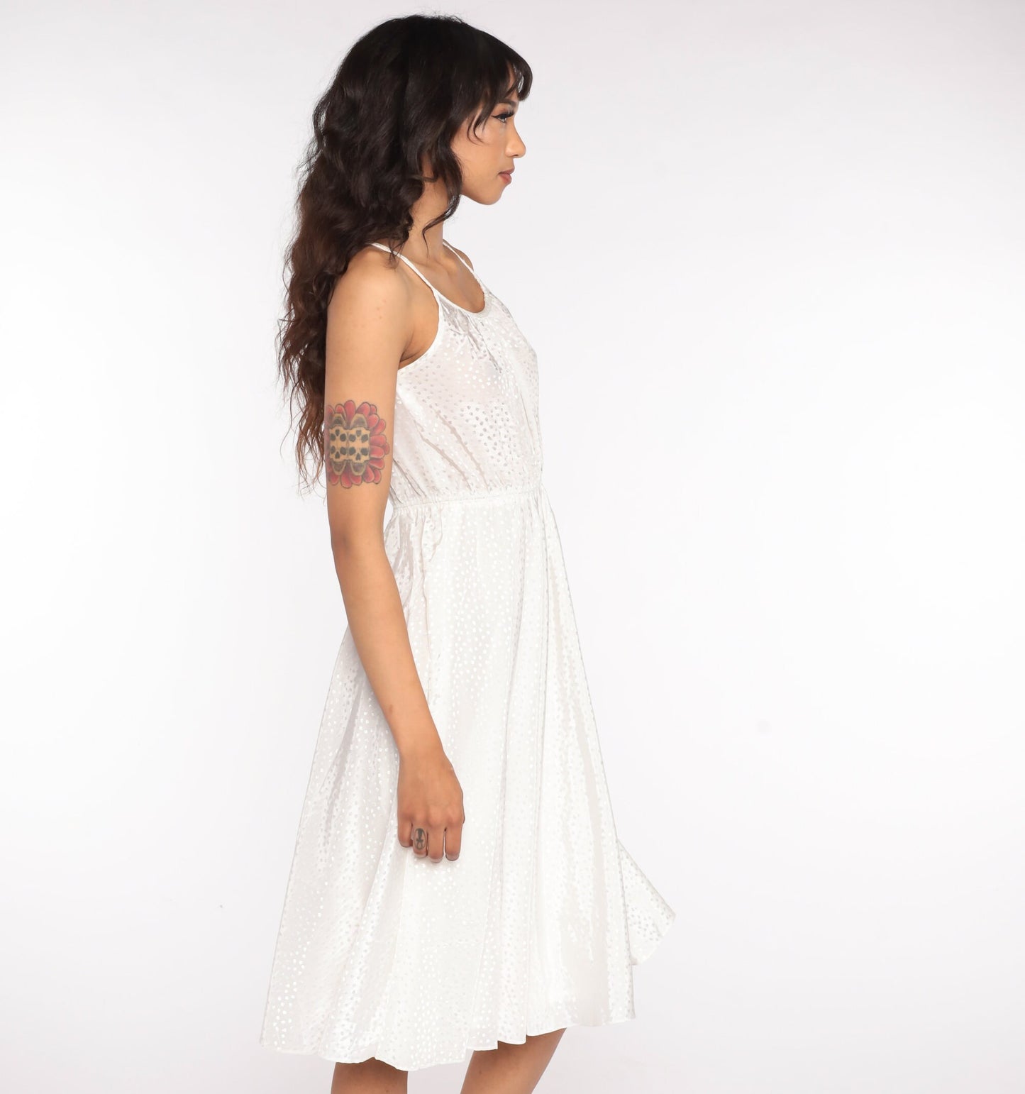 1970s White Polka Dot Grecian Midi Dress Spaghetti Strap High Waist Small