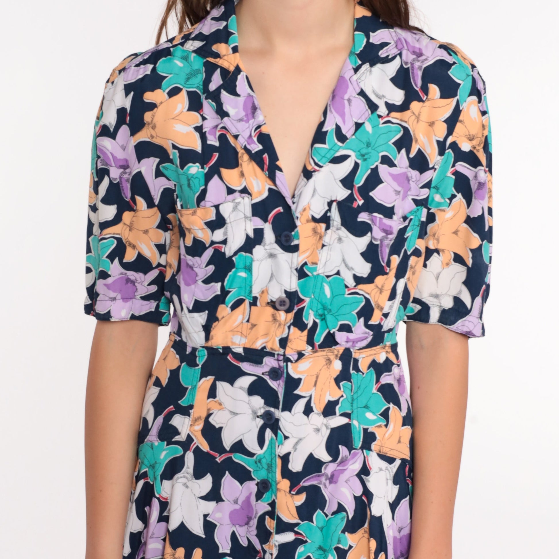 80s Floral Midi Dress Button-Up High Waist Short Sleeve Blue Small