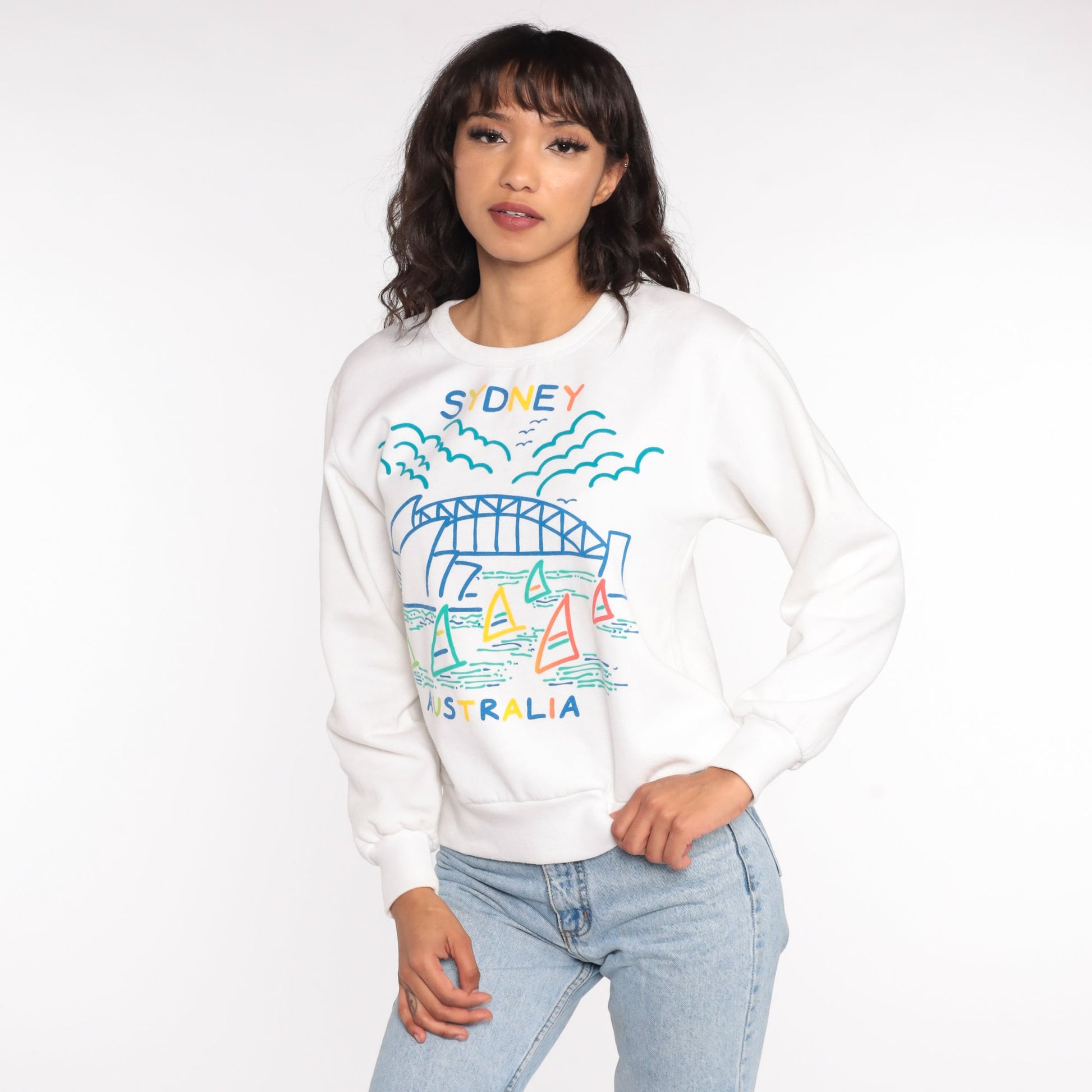 90s Sydney Opera House Harbour Bridge Sweatshirt White Graphic Crewneck Small
