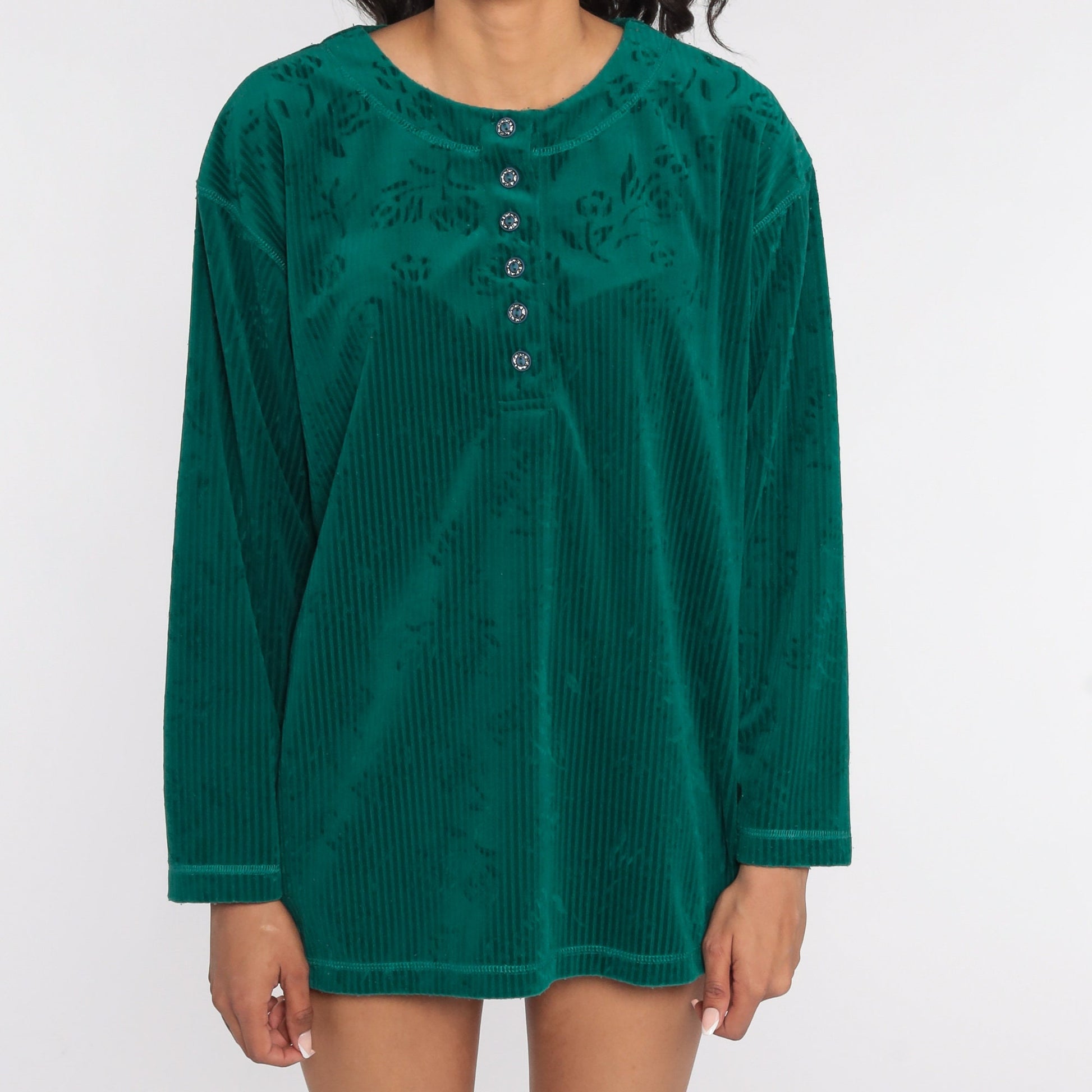 90s Green Floral Velour Henley Long Sleeve Shirt Medium