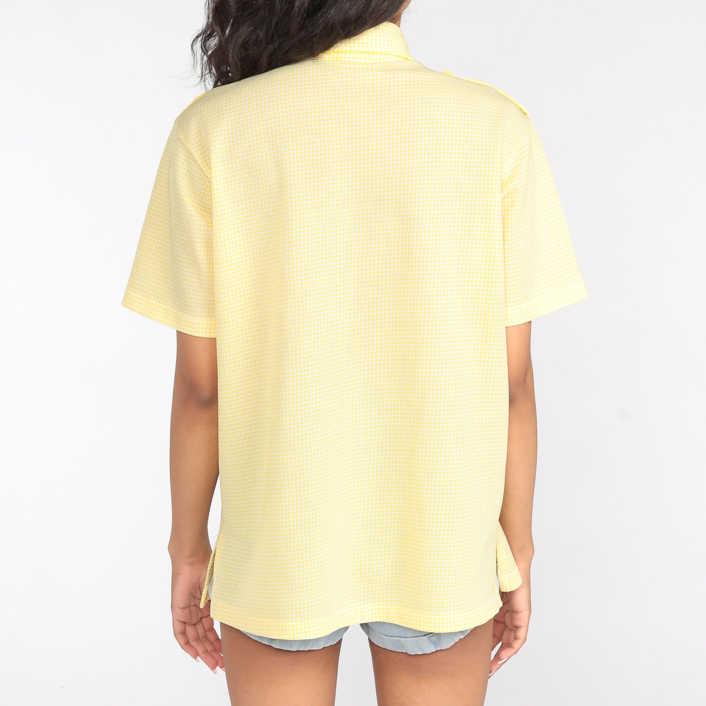 70s Yellow Grid Print Button Up Shirt Short Sleeve Epaulette Top Large