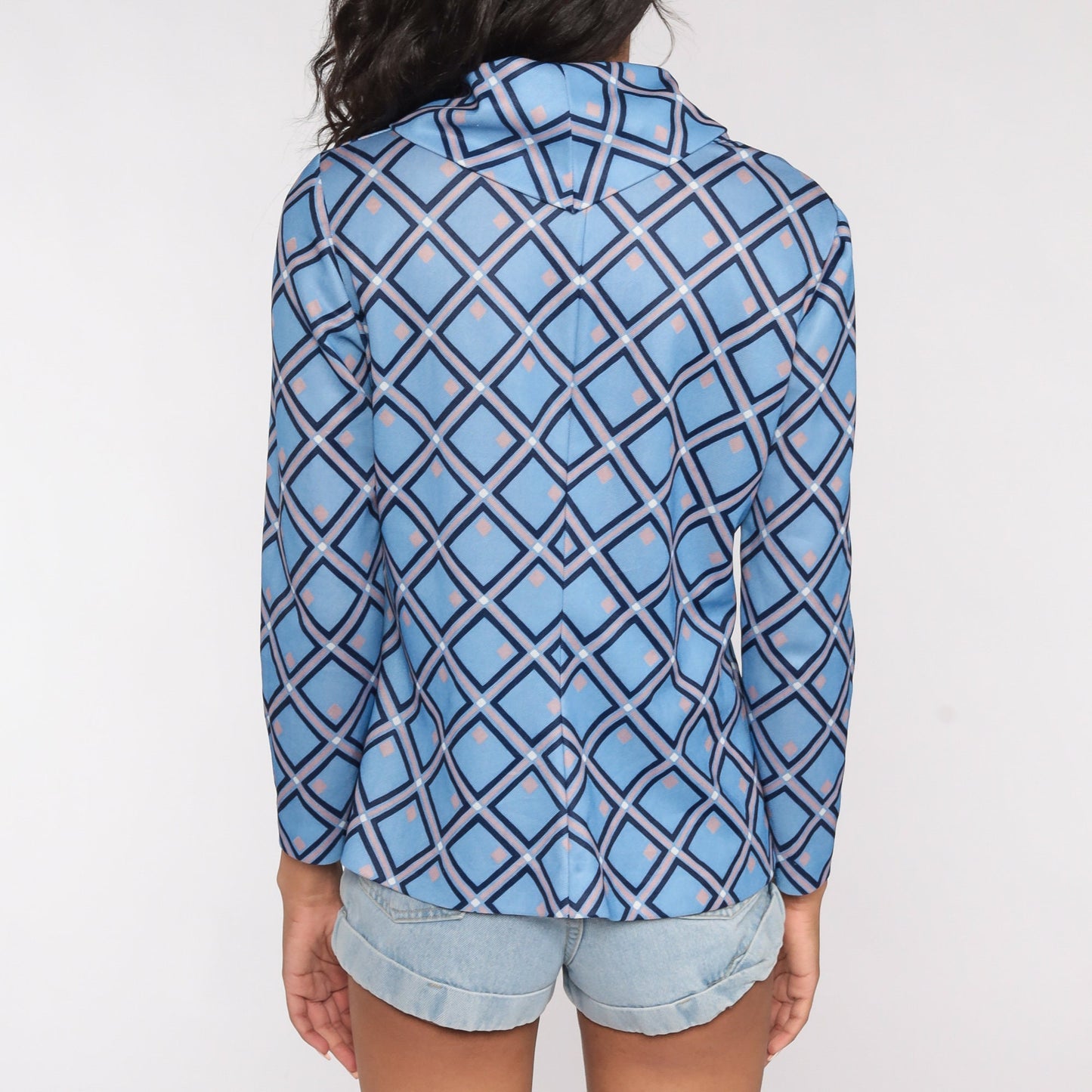 70s Blue Geometric Turtleneck Shirt Long Sleeve Top Medium