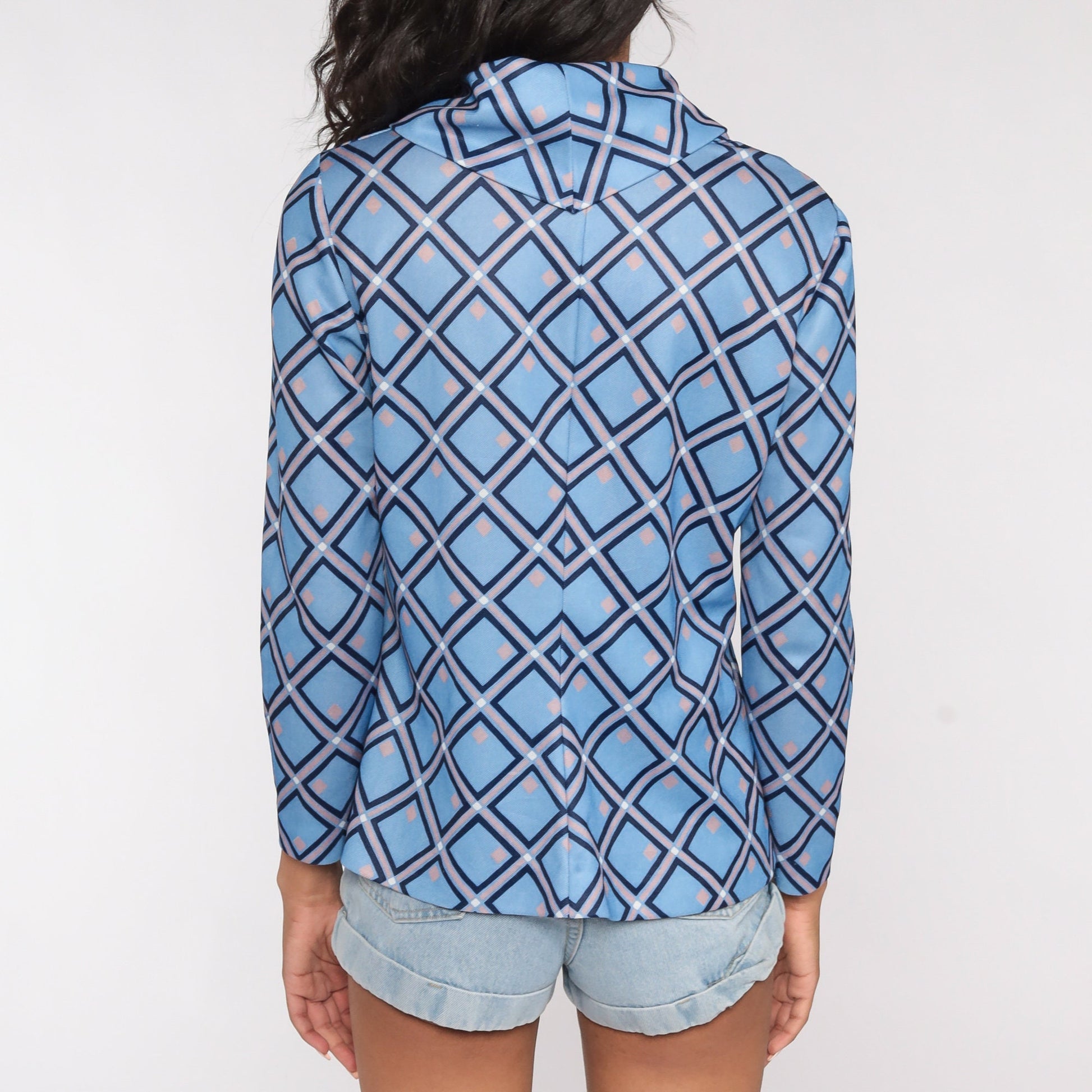 70s Blue Geometric Turtleneck Shirt Long Sleeve Top Medium