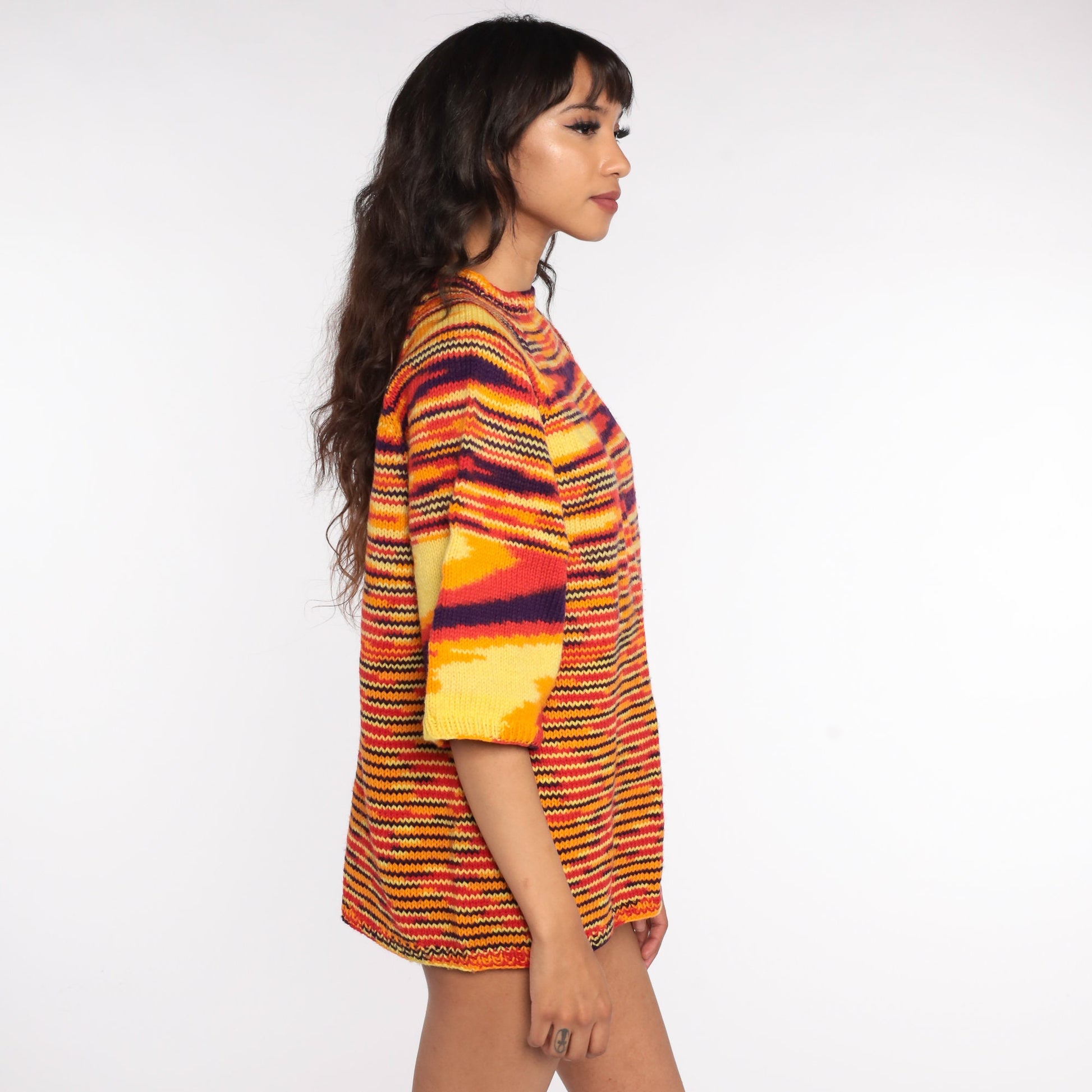 70s Space Dye Knit Sweater Wide Sleeve Pullover Orange Large L