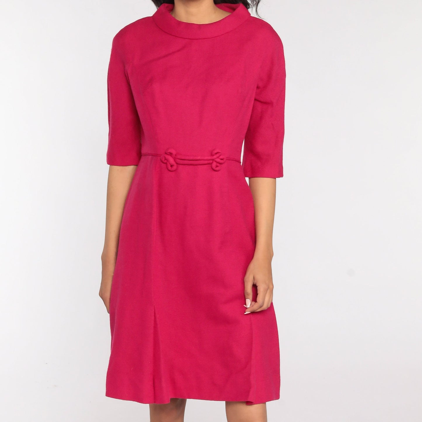 1960s Deep Pink Wool Mini Dress High Waist 3/4 Sleeve Small