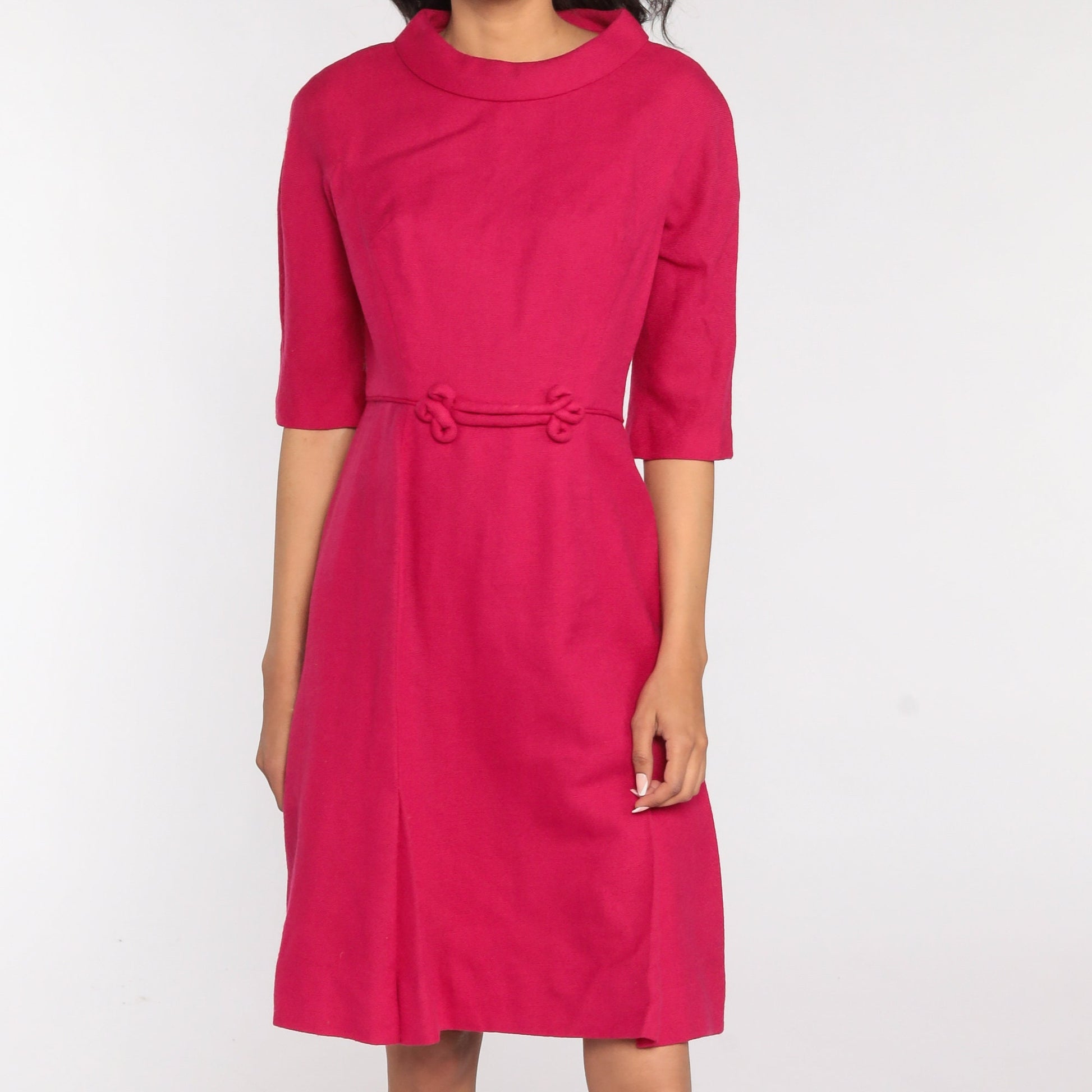 1960s Deep Pink Wool Mini Dress High Waist 3/4 Sleeve Small