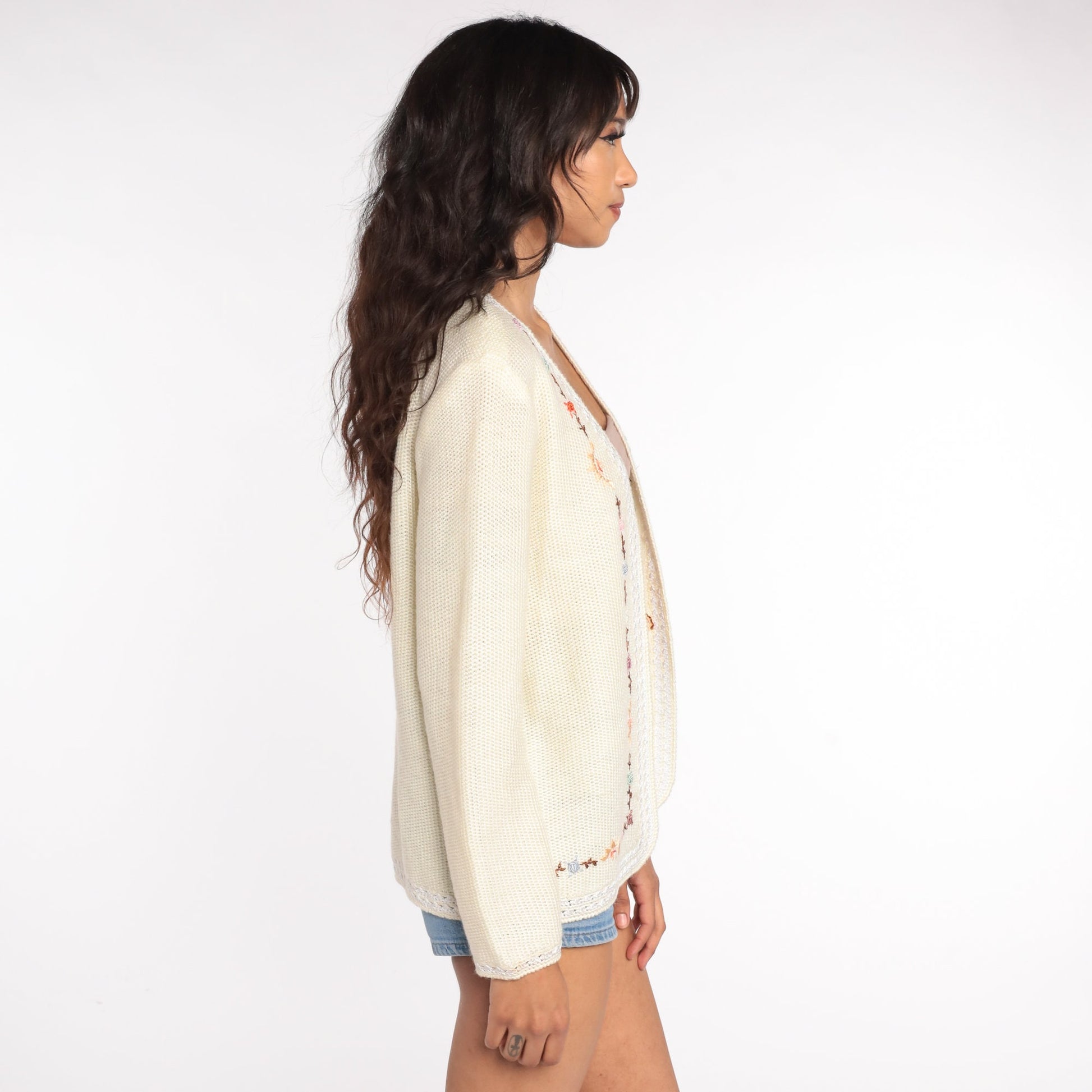 70s Floral Embroidered Cardigan Cream Knit Sweater Small Medium