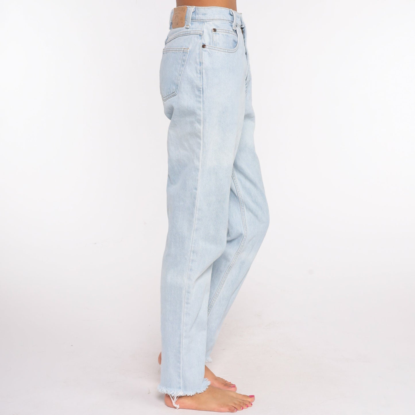90s High Waisted Blue Denim Jeans Tapered Ankle Raw Hem Small 27