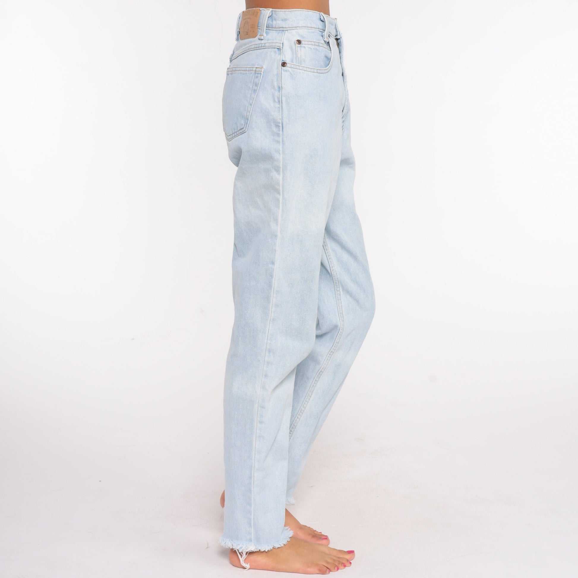 90s High Waisted Blue Denim Jeans Tapered Ankle Raw Hem Small 27