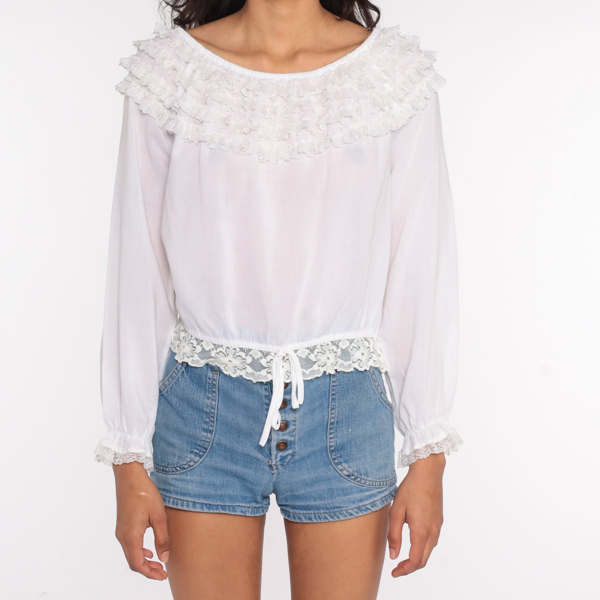 70s White Peasant Blouse Lace Trim Puff Sleeve Crop Top Small Medium