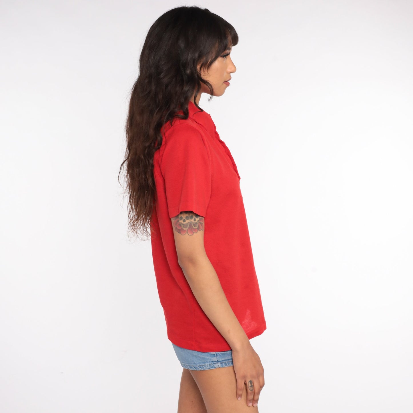 70s Red Polo Shirt Half Button Up Collared Short Sleeve Medium Large