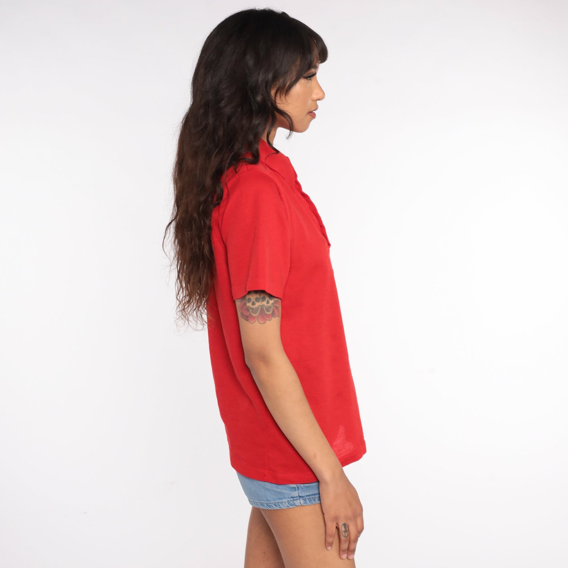 70s Red Polo Shirt Half Button Up Collared Short Sleeve Medium Large