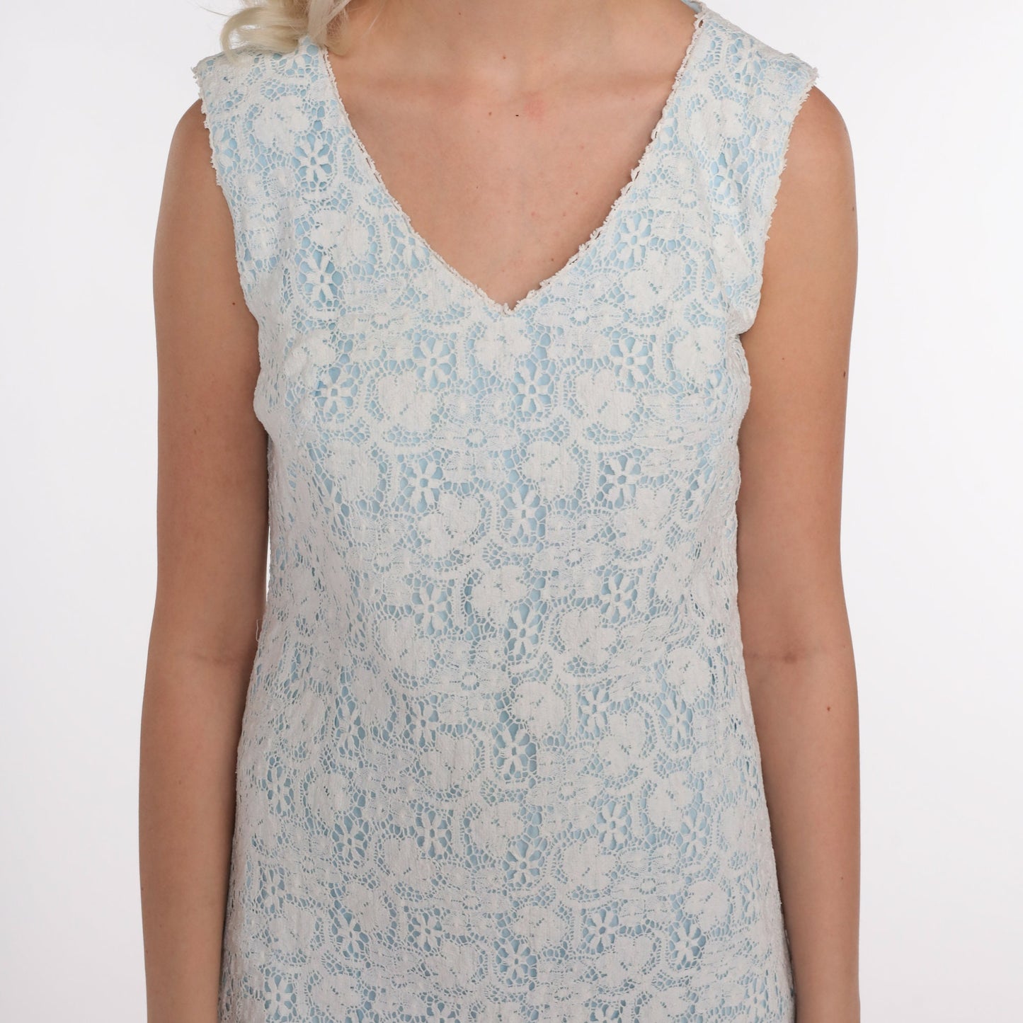 60s White Lace Mini Shift Dress Blue Lining Mod Cocktail Small