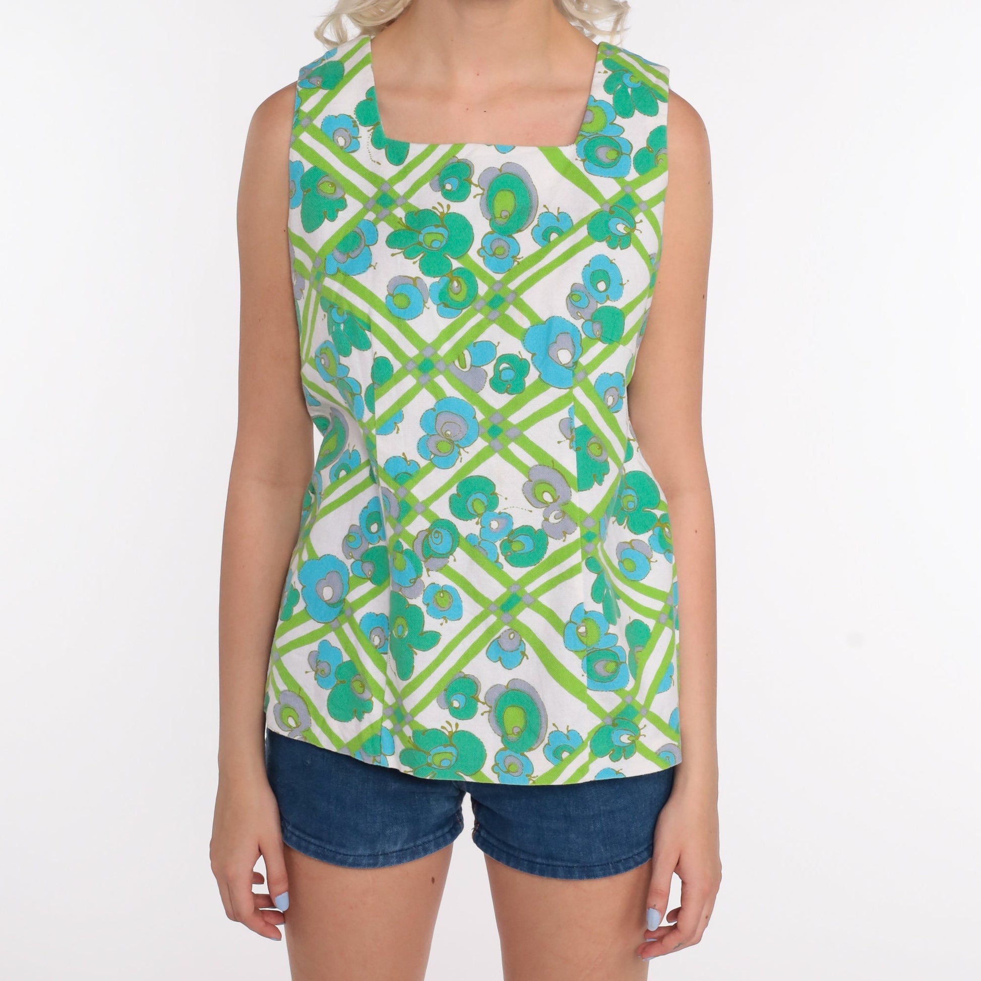 70s Psychedelic Floral Tank Top Blue Green Sleeveless Blouse Small