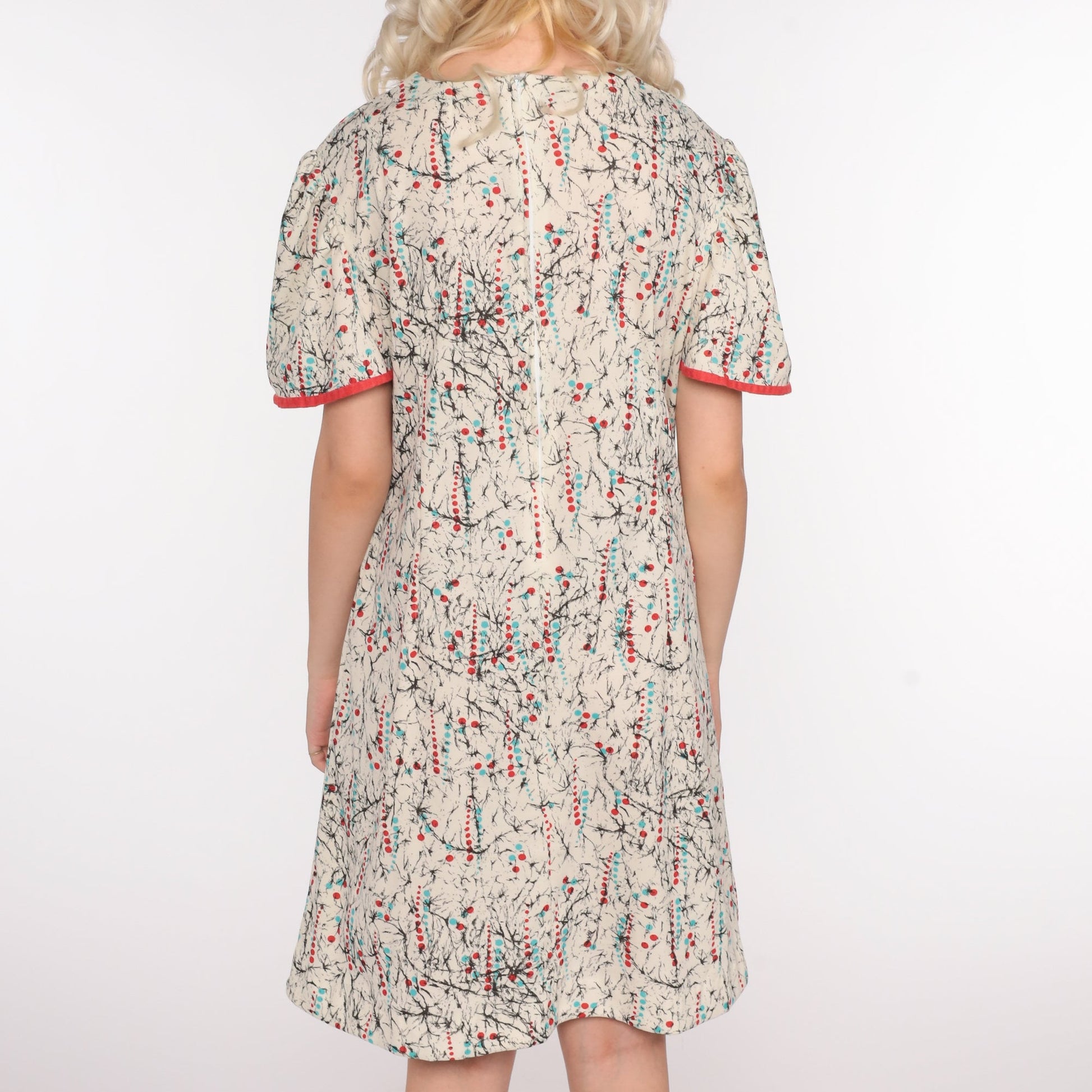80s Polka Dot Puff Sleeve Shift Dress Cream Mini Extra Large XXL