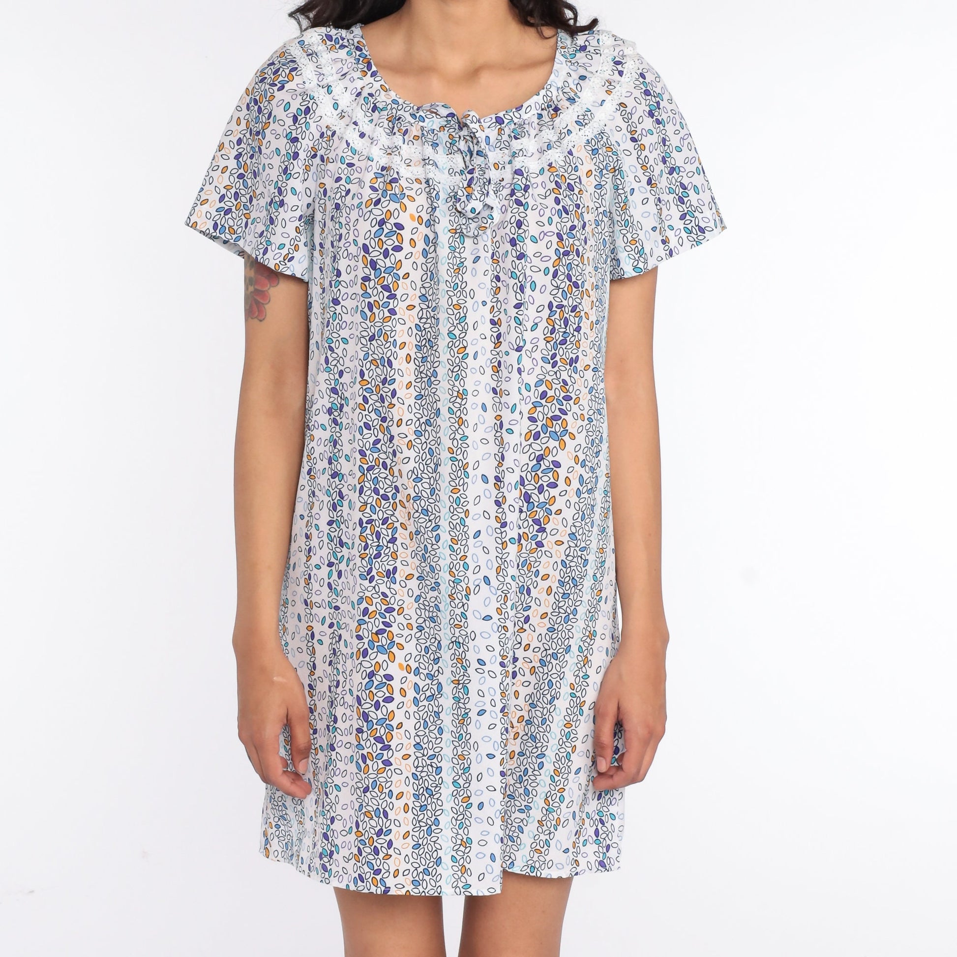 1970s Leaf Print Tent Dress White Purple Mini Short Sleeve Medium