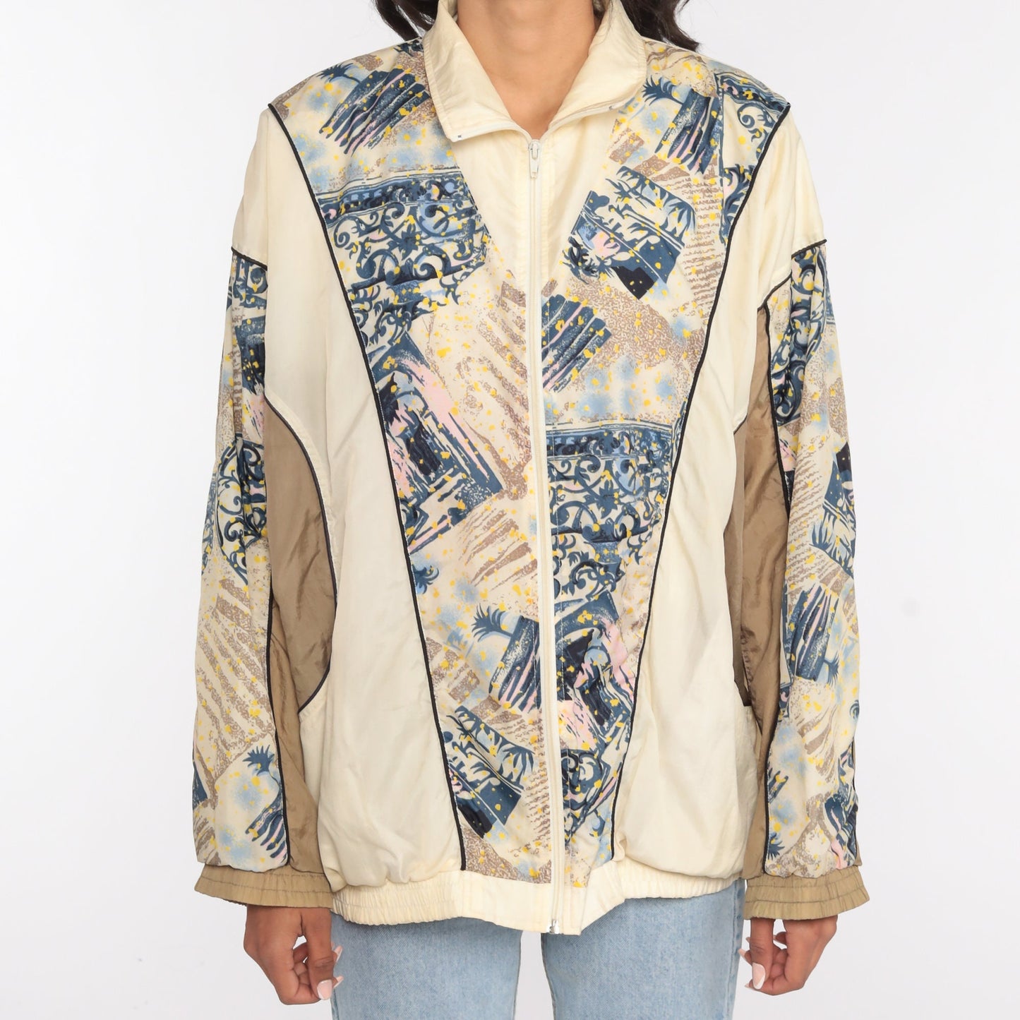 90s Windbreaker Jacket Cream Abstract Print Nylon Extra Large XL