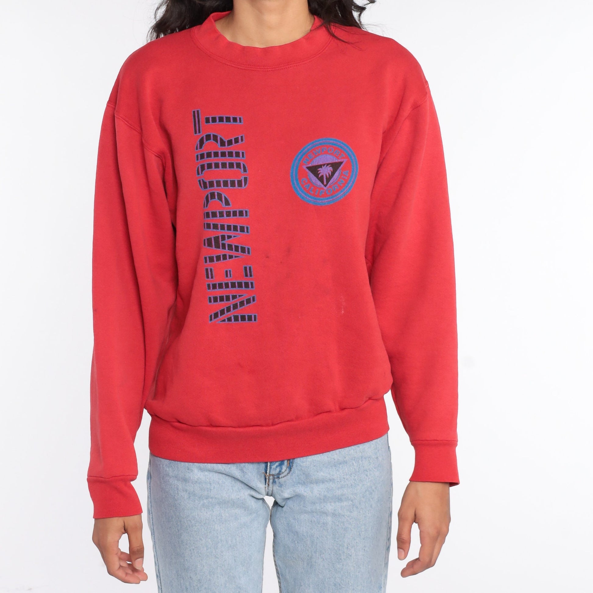 90s Newport Beach California Sweatshirt Red Graphic Crewneck Medium