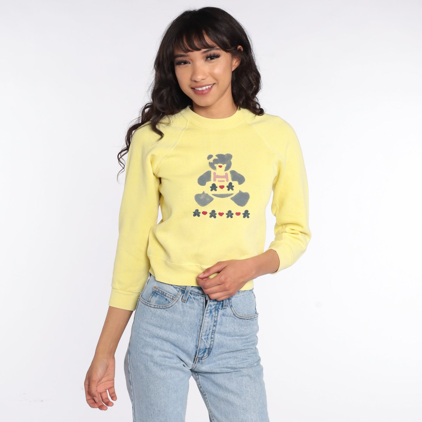 80s Teddy Bear Print Raglan Sweatshirt Yellow Graphic Crewneck XXS