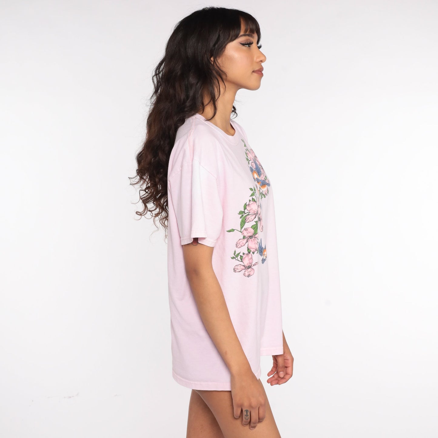 90s Bird Floral Graphic T-Shirt Pink Screen Print Vintage Large L