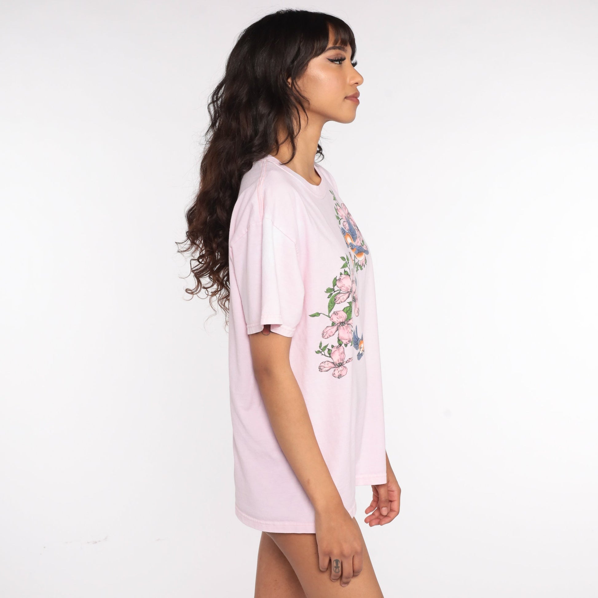 90s Bird Floral Graphic T-Shirt Pink Screen Print Vintage Large L
