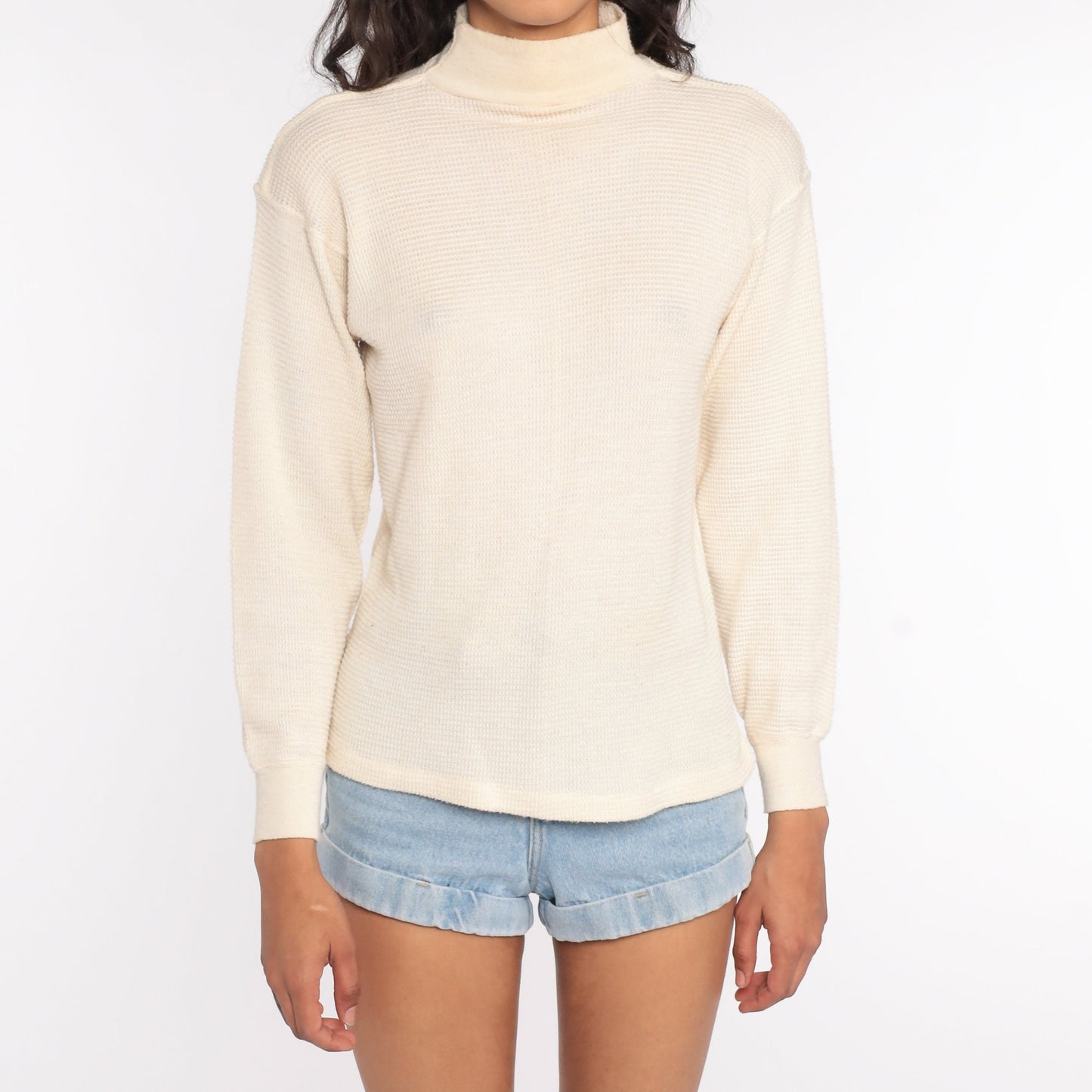 80s Cream Thermal Waffle Knit Long Sleeve Shirt Medium Large