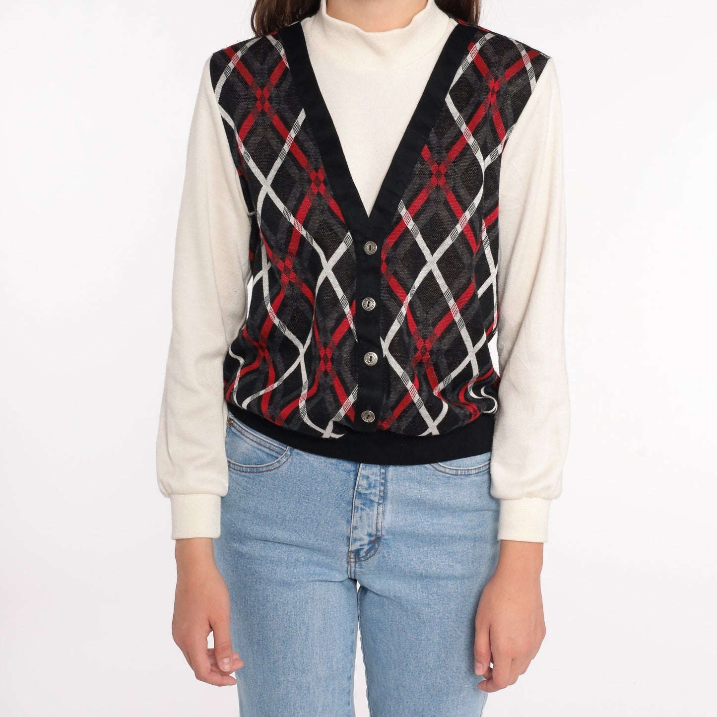 80s Plaid Mock Neck Sweatshirt with Attached Vest Small