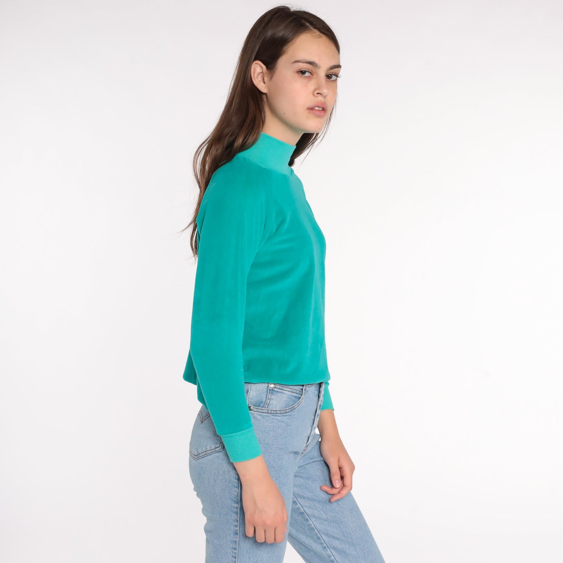 80s Teal Velour Mock Neck Long Sleeve Shirt Small