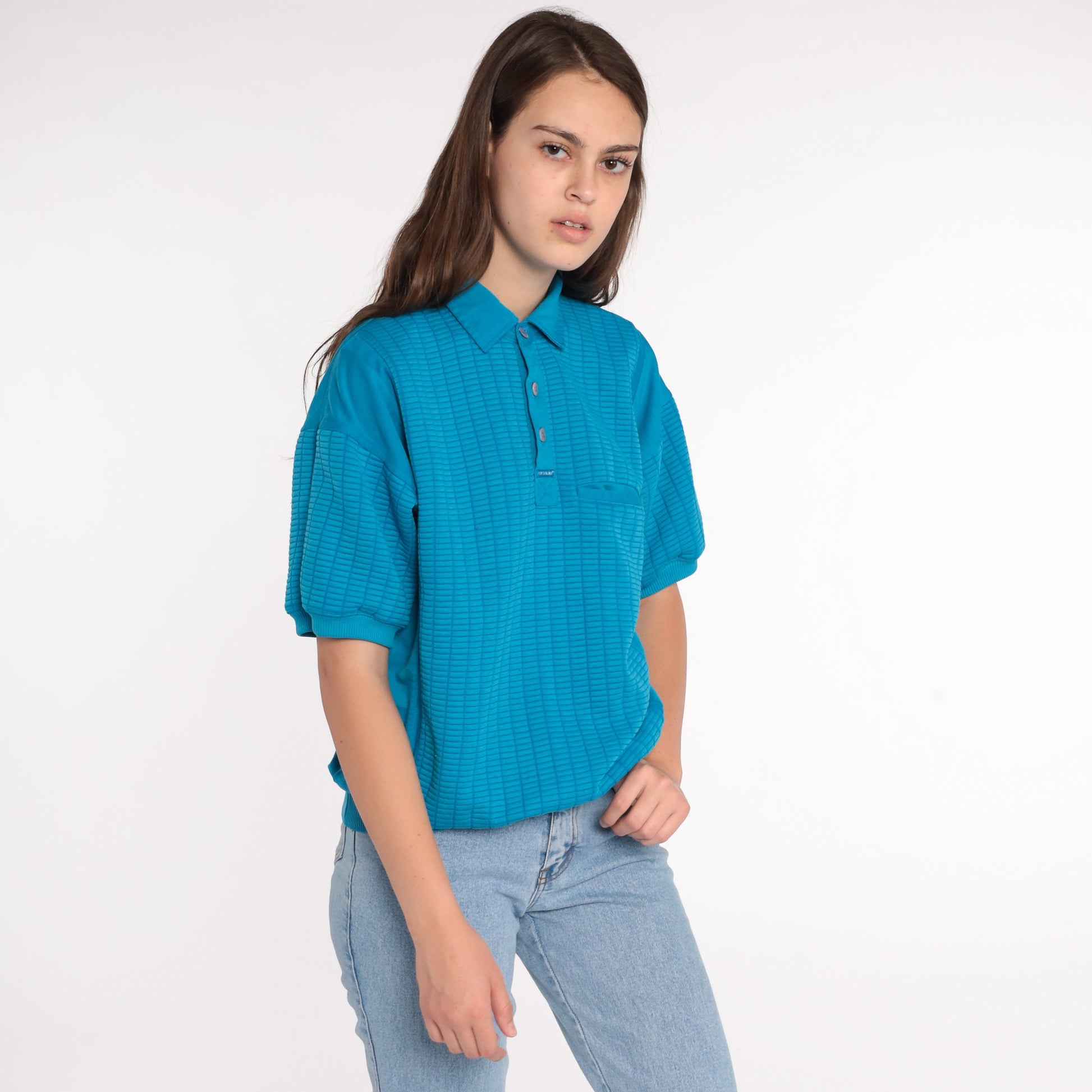 80s Blue Polo Shirt Short Sleeve Button Neck Vintage Top Large