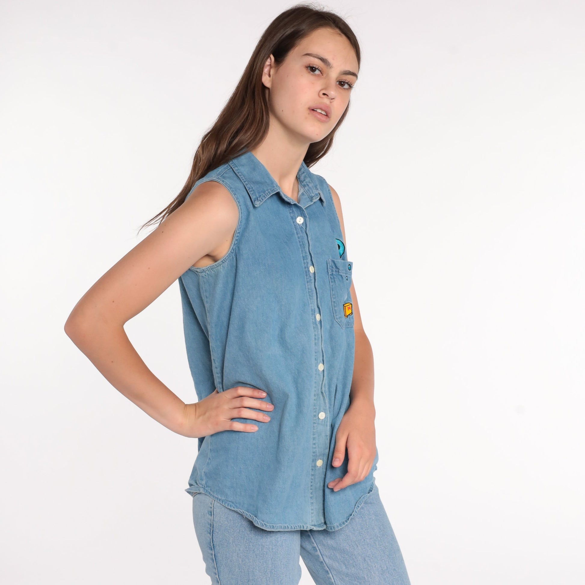 90s Mickey and Minnie Mouse Denim Shirt Disney Blue Cotton Medium